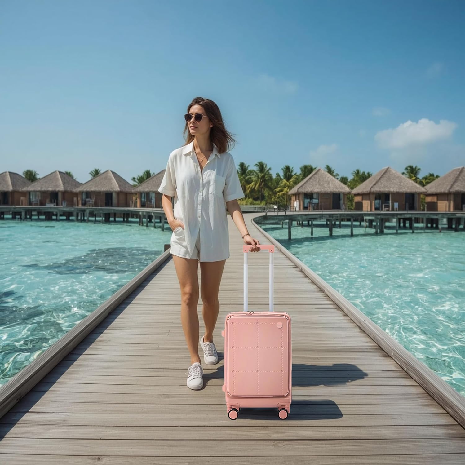 Carry On Luggage with Cup and Phone Holder, 20 Inch Hardside Suitcase with 8 Spinner Wheels, Airline Approved (22x14x9) with TSA Lock for Business & Travel (Pink)