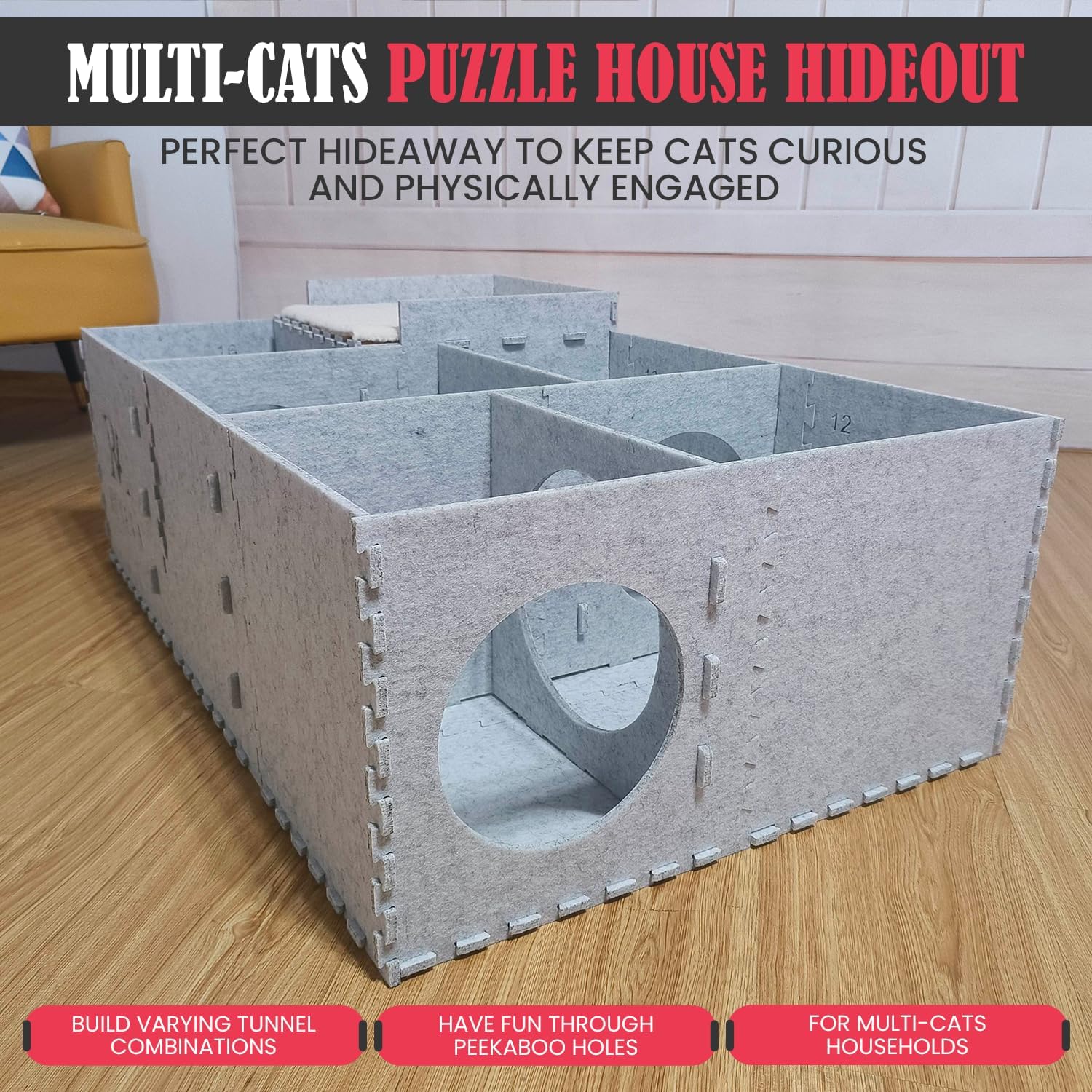 Cat Beds for Indoor Cats - Large Cat Cave for Pet House with Tunnel, Interactive Hideaway Maze, and Cozy Soft Felt Toy for Animals Activity. 38×24×12 inch, Gray