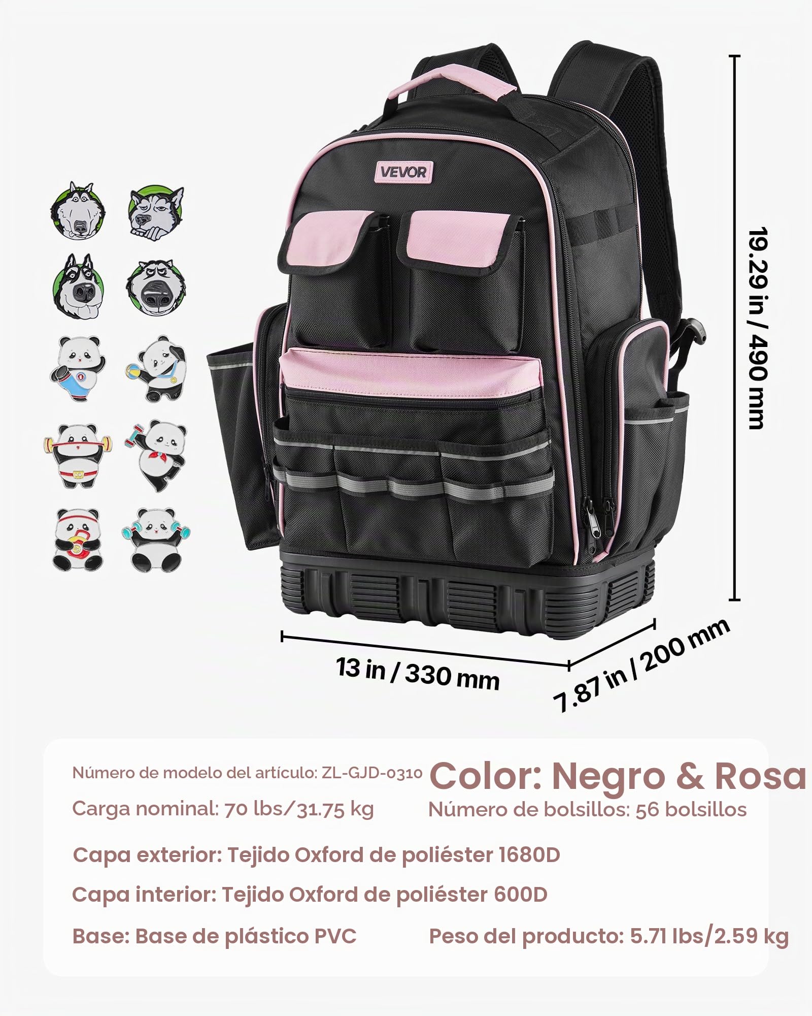 VEVOR Mochila para Herramientas, Mochila de Trabajo 330 x 200 x 490 mm con 56 Bolsillos, Compartimento para Portátil y Base Moldeada, Organizador de Herramientas para Electricistas, Reparadores