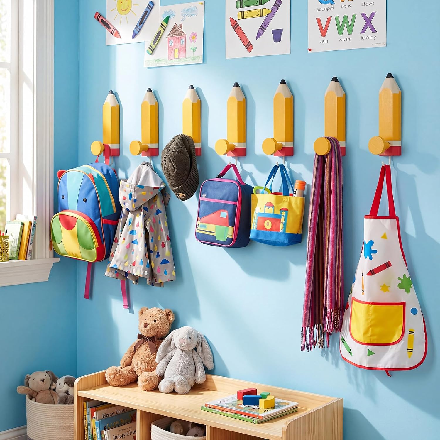 Novabright 7 Pcs Pencil Shaped Kids Wall Hooks Wooden Pencil Classroom Decor 6.7 × 2 Inch Backpack Holder Organizer Wall Mounted Coat Hooks for Back to First Day of School Backpacks Keys Decor