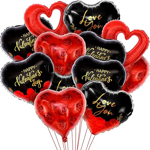 Miniatura 2 de KatchOn, Globos en forma de corazón negro y rojo  XL, paquete de 1012  Pétalos de rosa roja para noches románticas, decoraciones románticas para