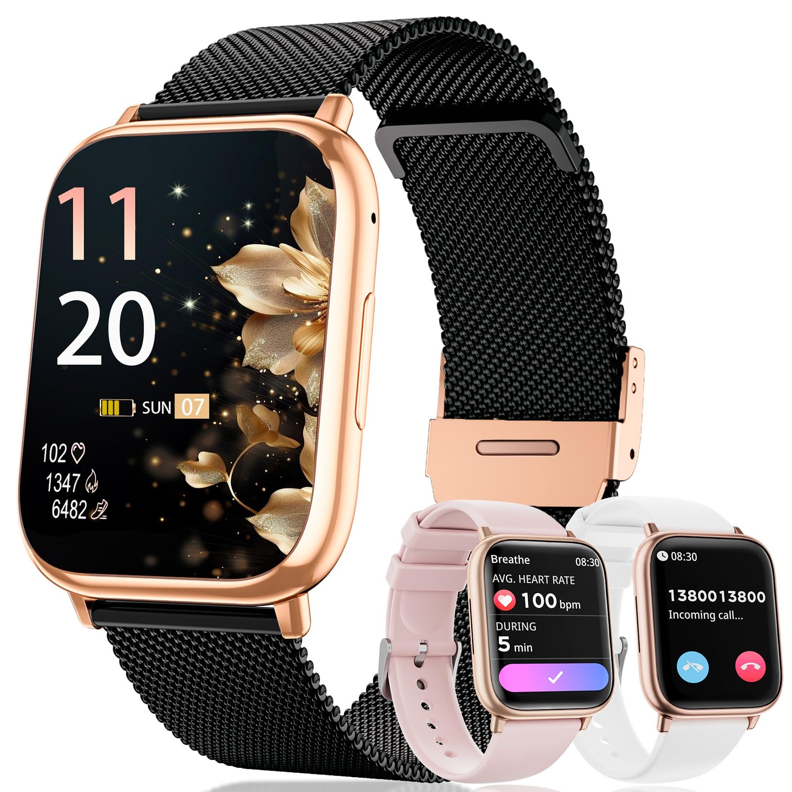 Smartwatch donna, 1,83" Orologio bluetooth con Effettua/Risposta Chiamate,113+Sportive Smart watch Contapassi/24H Cardiofrequenzimetro/Sonno/SpO2, IP68 Fitness Tracker per Android iOS(Oro Nero)