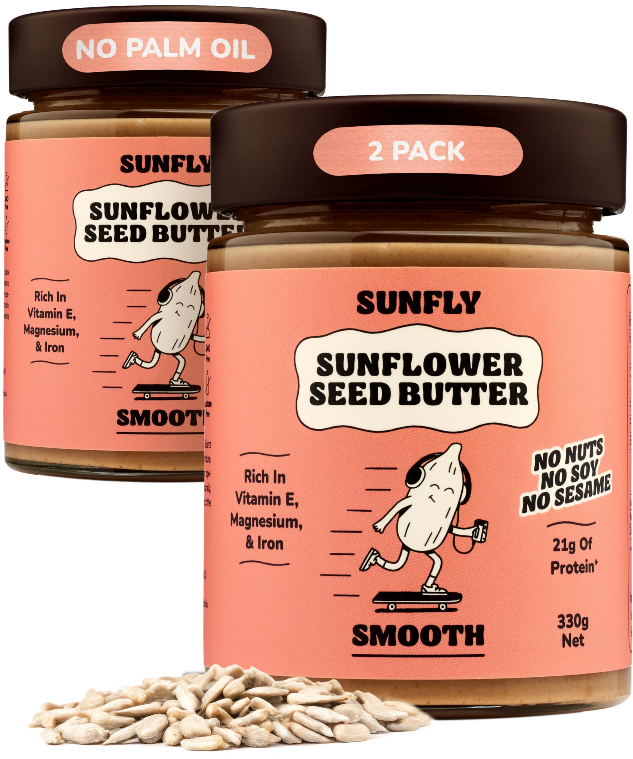 SUNFLY Smooth Sunflower Seed Butter – Palm Oil Free, Peanut Butter Alternative - Creamy, Nut-Free, Vegan Protein Spread -Top 14 Allergen Free, Soy Free - Rich in Vitamins & Minerals - 2 x 330g Jars