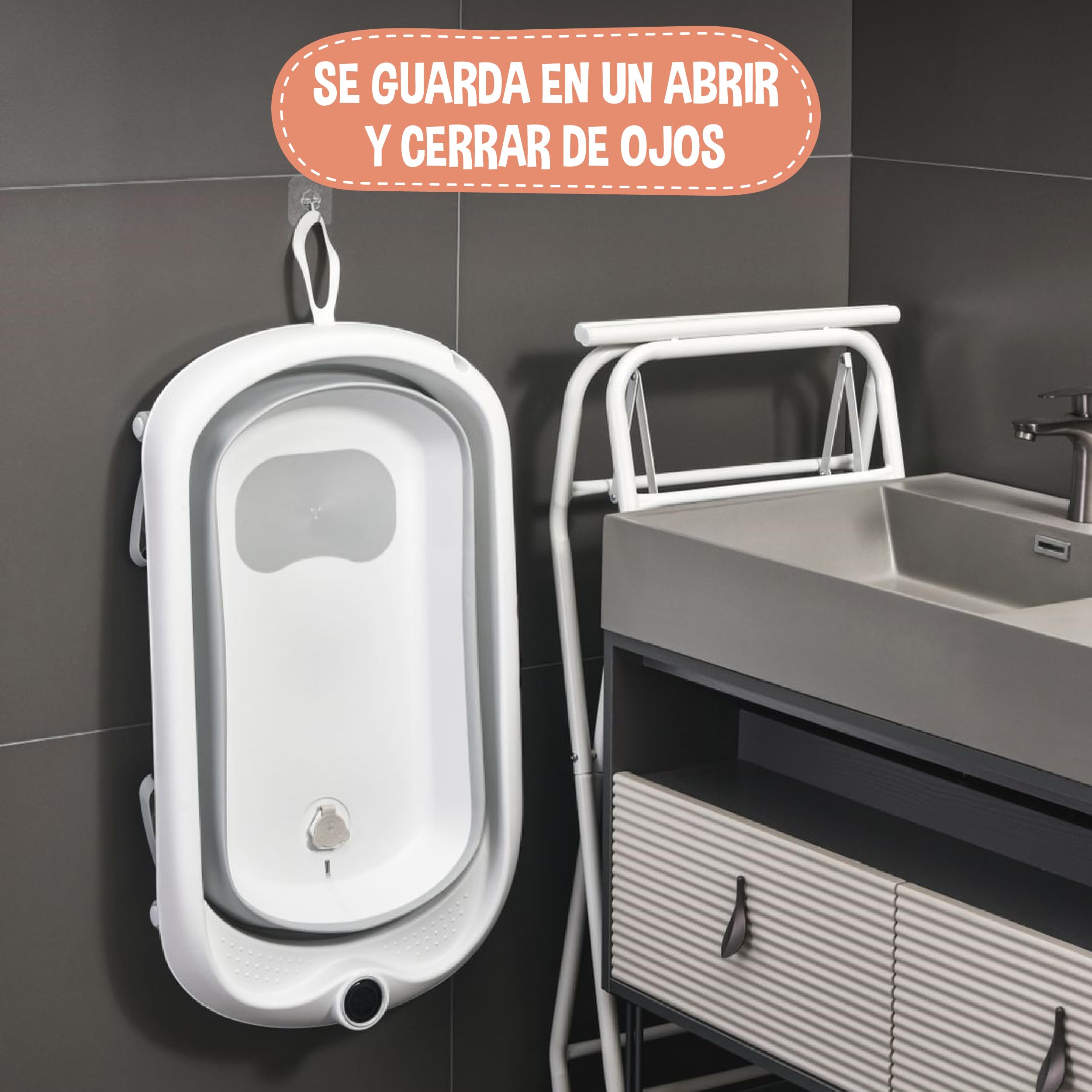 SUPERBE BEBE Bañera Plegable Bebé con Patas y Soporte – Baby Bathtub XXL con Termómetro, Asiento Ergonómico y Tubo de Desagüe – Desde recién nacido hasta 3 años para bebés - Cadeau Bebé