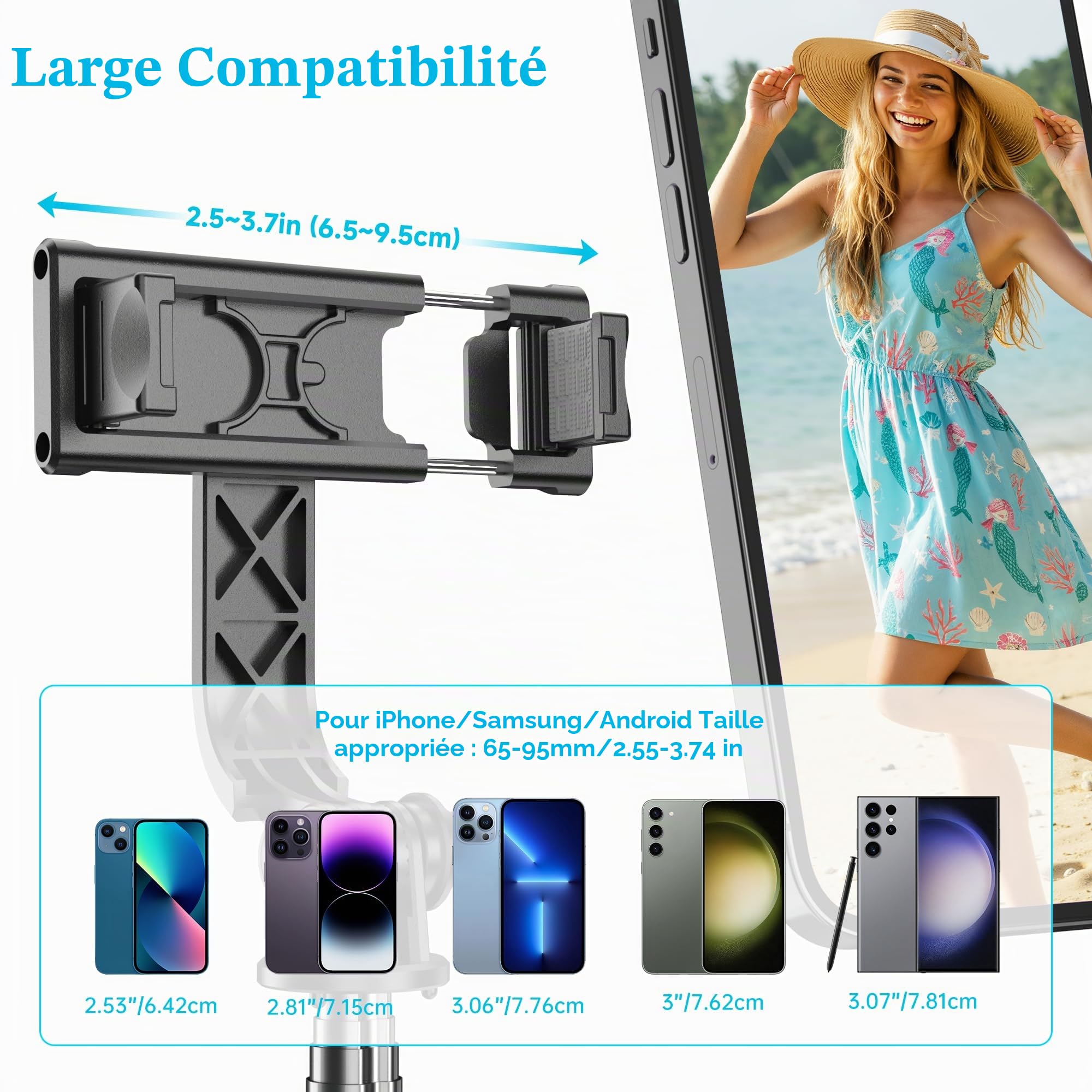 Perche Selfie Trepied avec Lumière, Perché à Selfie Trépied Smartphone Bâton Selfie Portable Télescopique avec Télécommande Amovible et Rotation à 360 ° pour iPhone, Samsung, Huawei