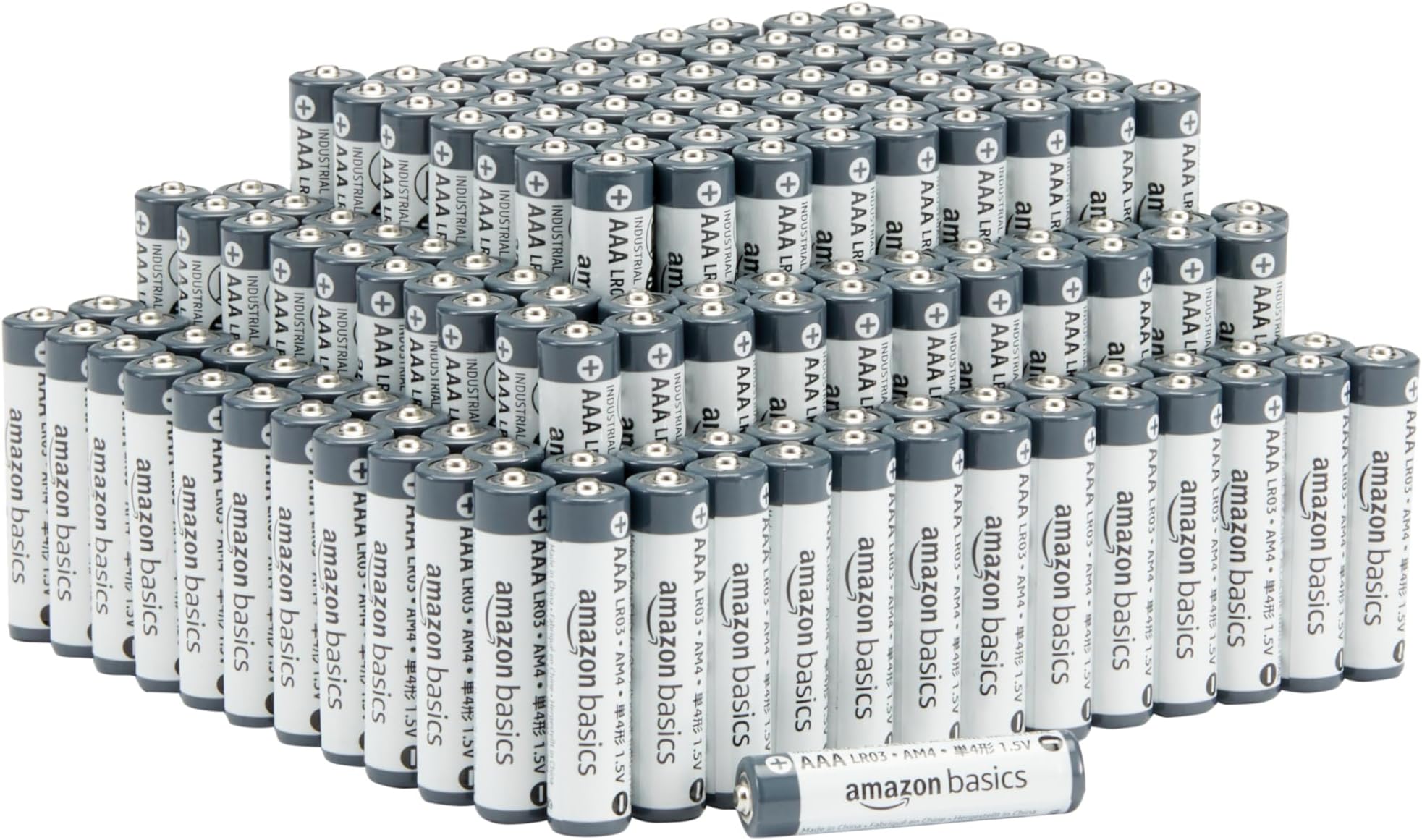 - Amazon Basics 150-Pack AAA Long-Lasting Alkaline Industrial Batteries, 1.5 Volt, Leak-Proof, 5-Year Shelf Life