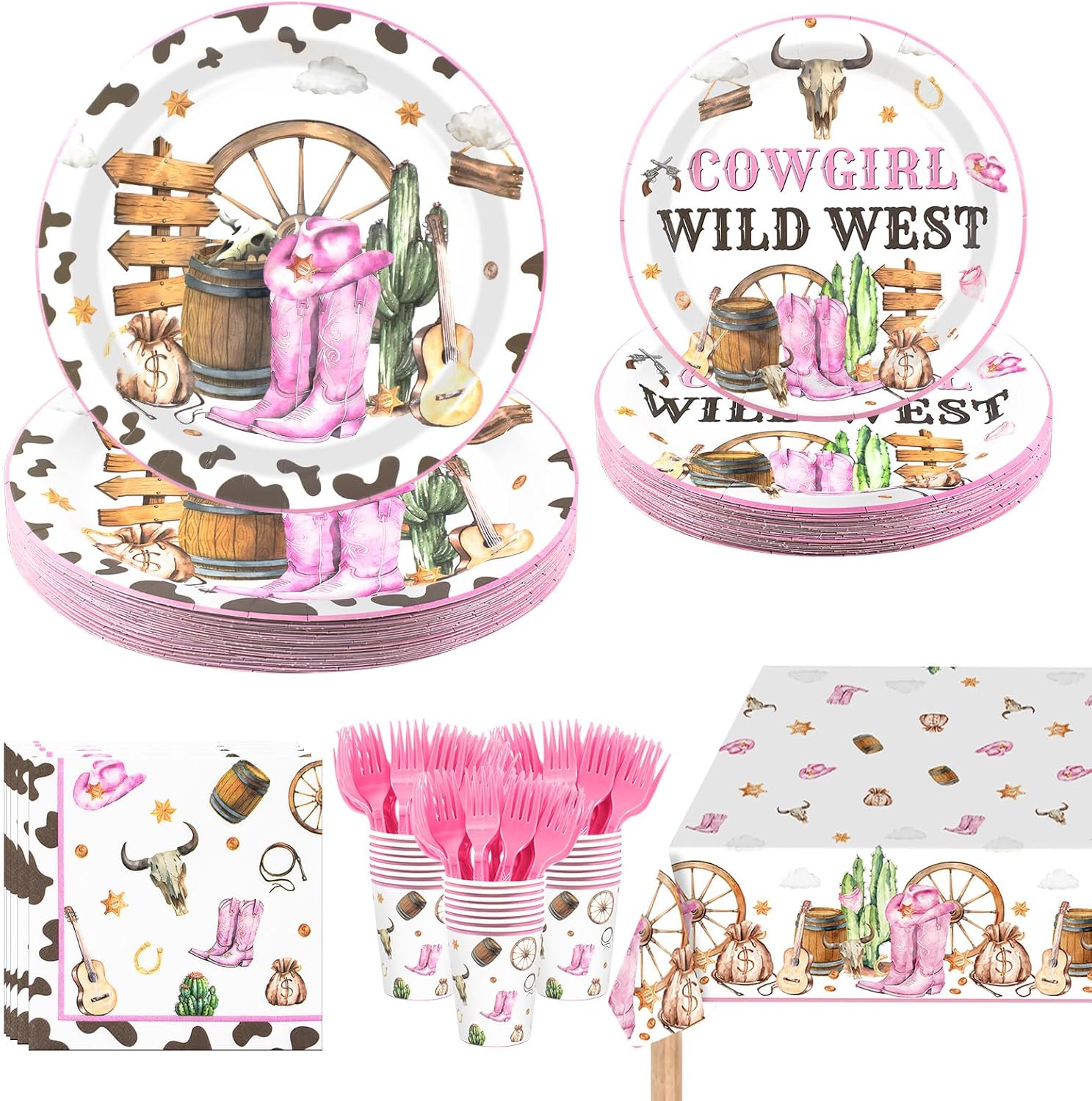 151PCS Cowgirl Plates Party Decorations,Western Cowgirl Birthday Party Supplies Includes Plates and Napkins Cups Forks Tablecloths for Pink Wild West Rodeo Birthday Baby Shower Decorations,Serves 30