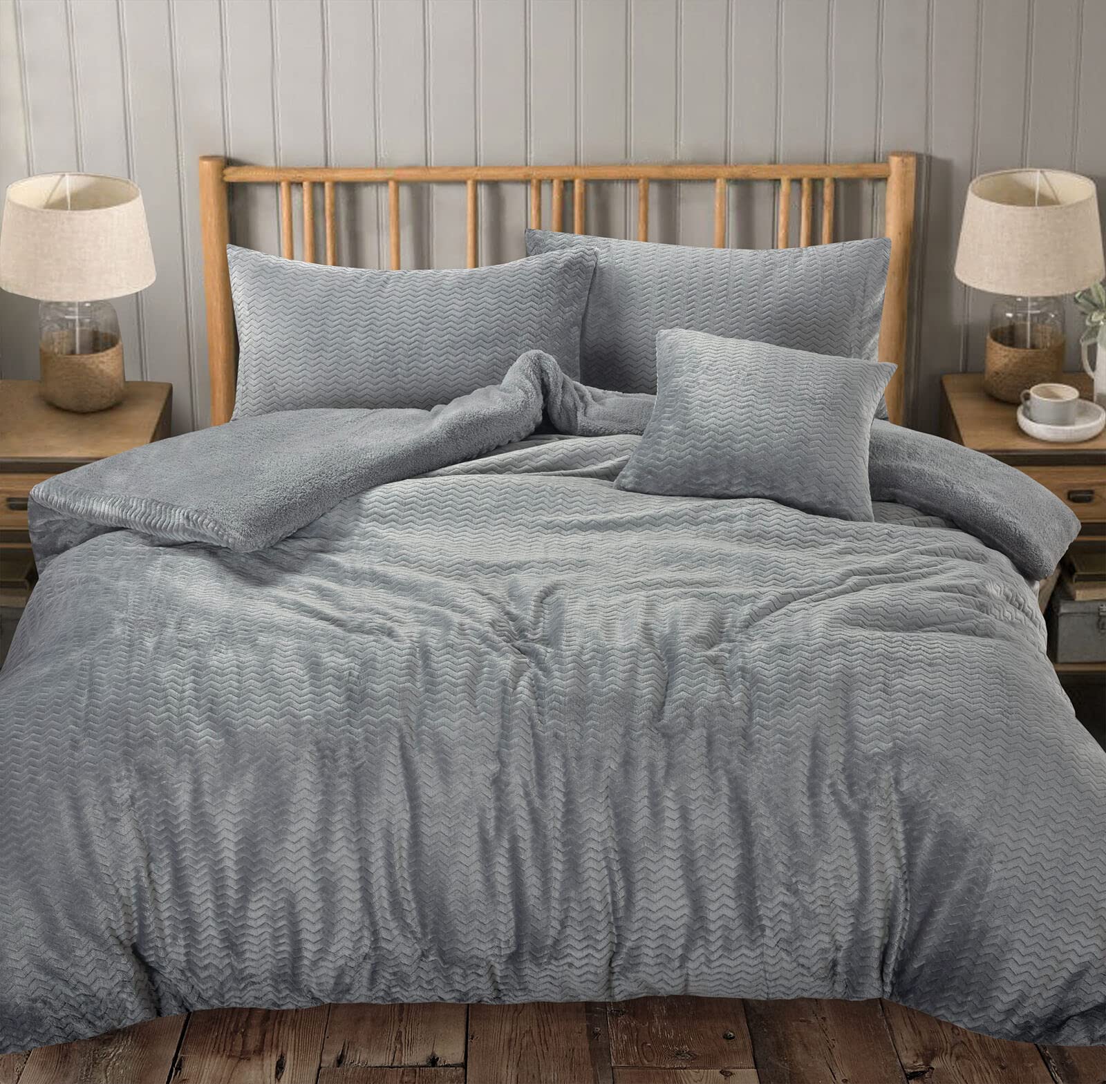 Nightzone Silver Teddy Fleece Waves Duvet Cover Set With Pillowcase (, Double)