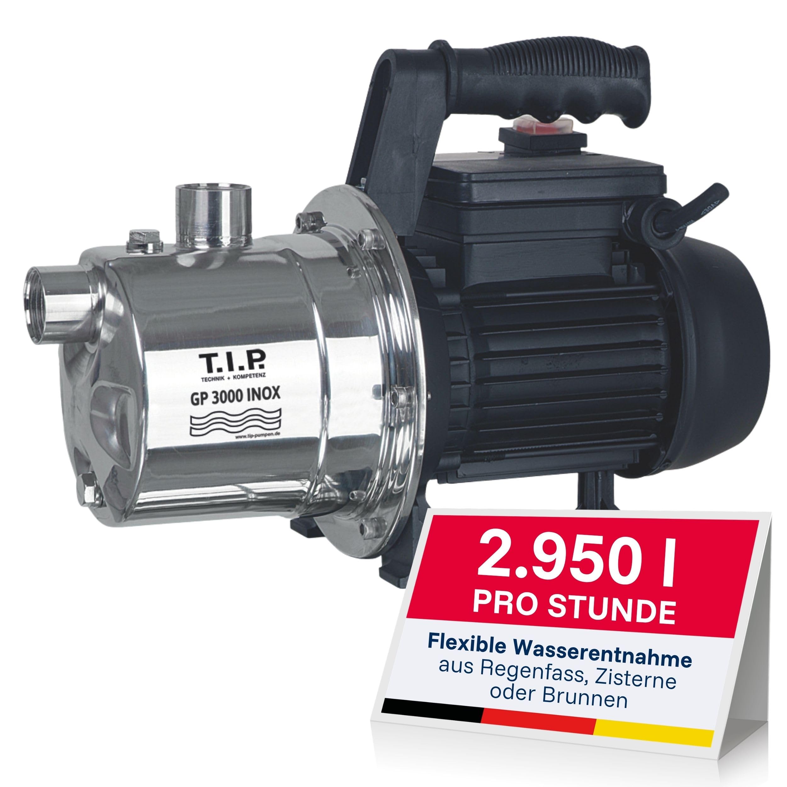 T.I.P. Edelstahl Gartenpumpe GP 3000 INOX - Leistungsstarke 550 W Pumpe mit 2950 l/h Leistung und thermischer Überlastschutz - Robustes, korrosionsbeständiges Pumpengehäuse, 30111