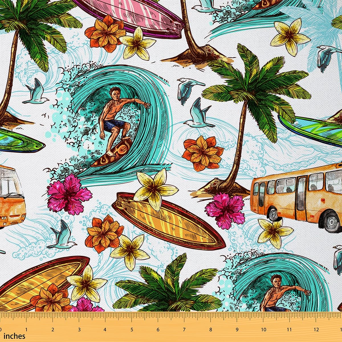 Ocean Surfing Upholstery Fabric by The Yard,Hawaiian Palm Tree Outdoor Fabric by The Yard,Surfer Sea Summer Holiday Decor Fabric for Upholstery and Home DIY Projects,3 Yards,(L276*W150cm) White Teal