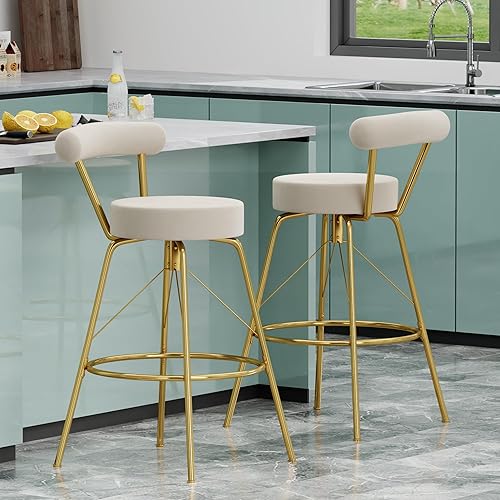 Miniatura 3 de Awonde Juego de 2 taburetes de bar giratorios dorados de terciopelo marfil, taburetes de bar de 30 pulgadas de altura para isla de cocina con patas