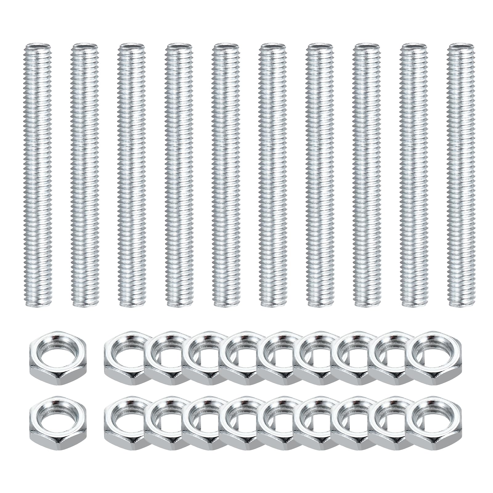 sourcing map 10Pcs 70mm Lamp Pipe Nipples Kit with Lock Nuts, M8x1.25 Coarse All Threaded Hollow Tube Lamp Repair Hardware Fasteners for Chandelier Ceiling Lamps Assembly DIY, White Zinc