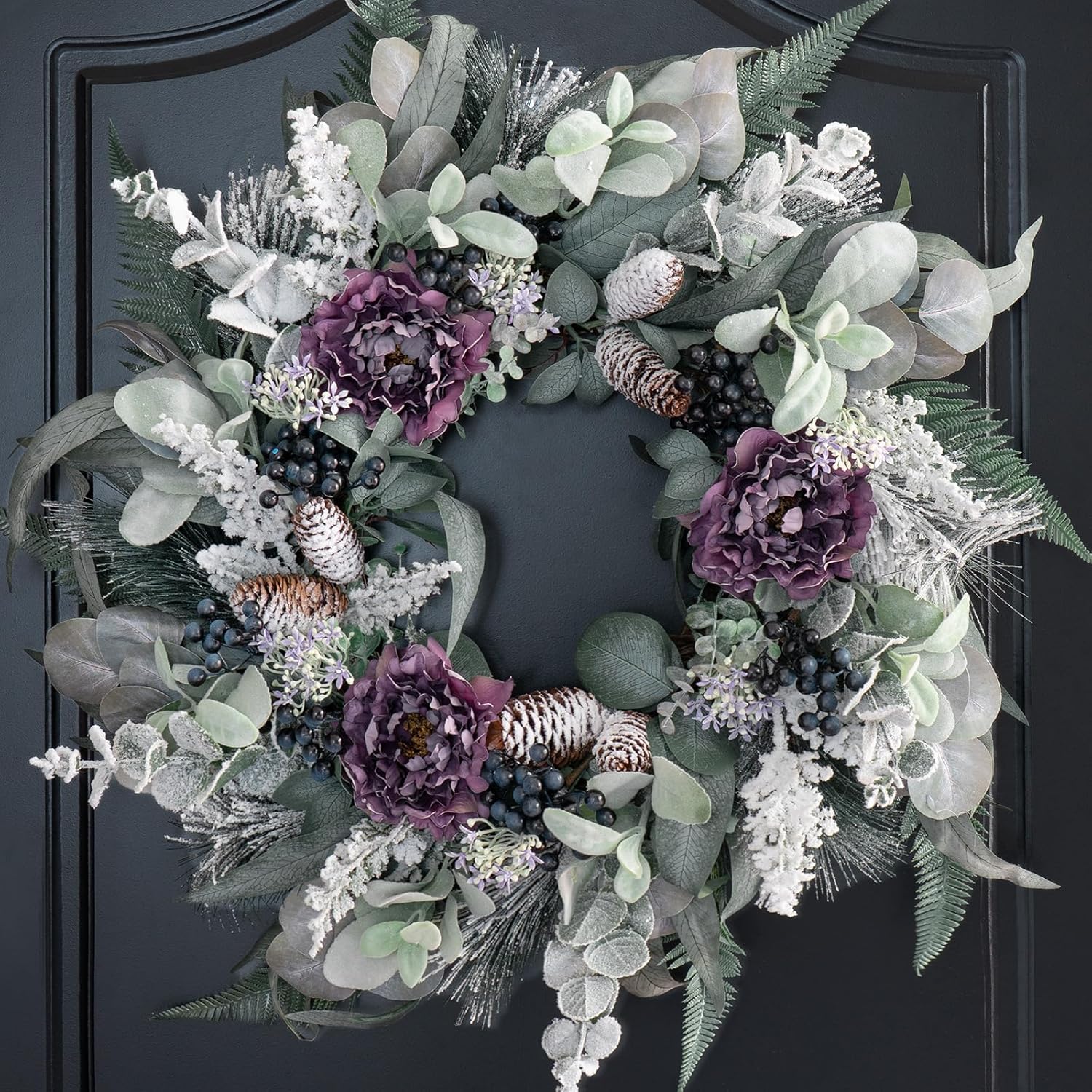 Winter Wreaths for Front Door Outside,Purple Peony Christmas Door Wreath with Pine Cones,Berries,and Frosted Eucalyptus,24 Inch Artificial Christmas Wreath Winter Door Decor