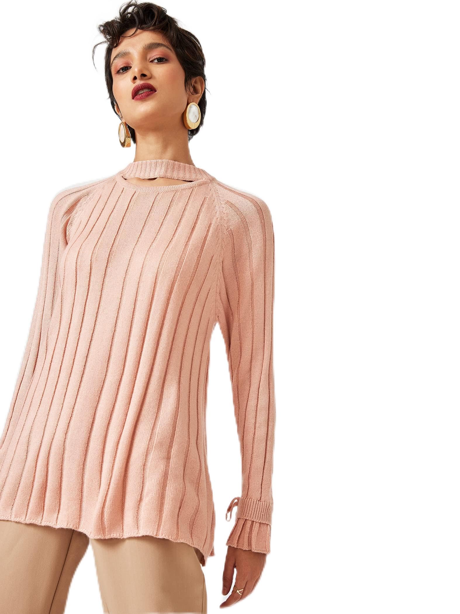 Acrylic Blush Cut Out Ribbed Sweater for Women | Stylish Elegant Comfortable Relaxed Fit Solid Western Outfit Sweaters-image-26