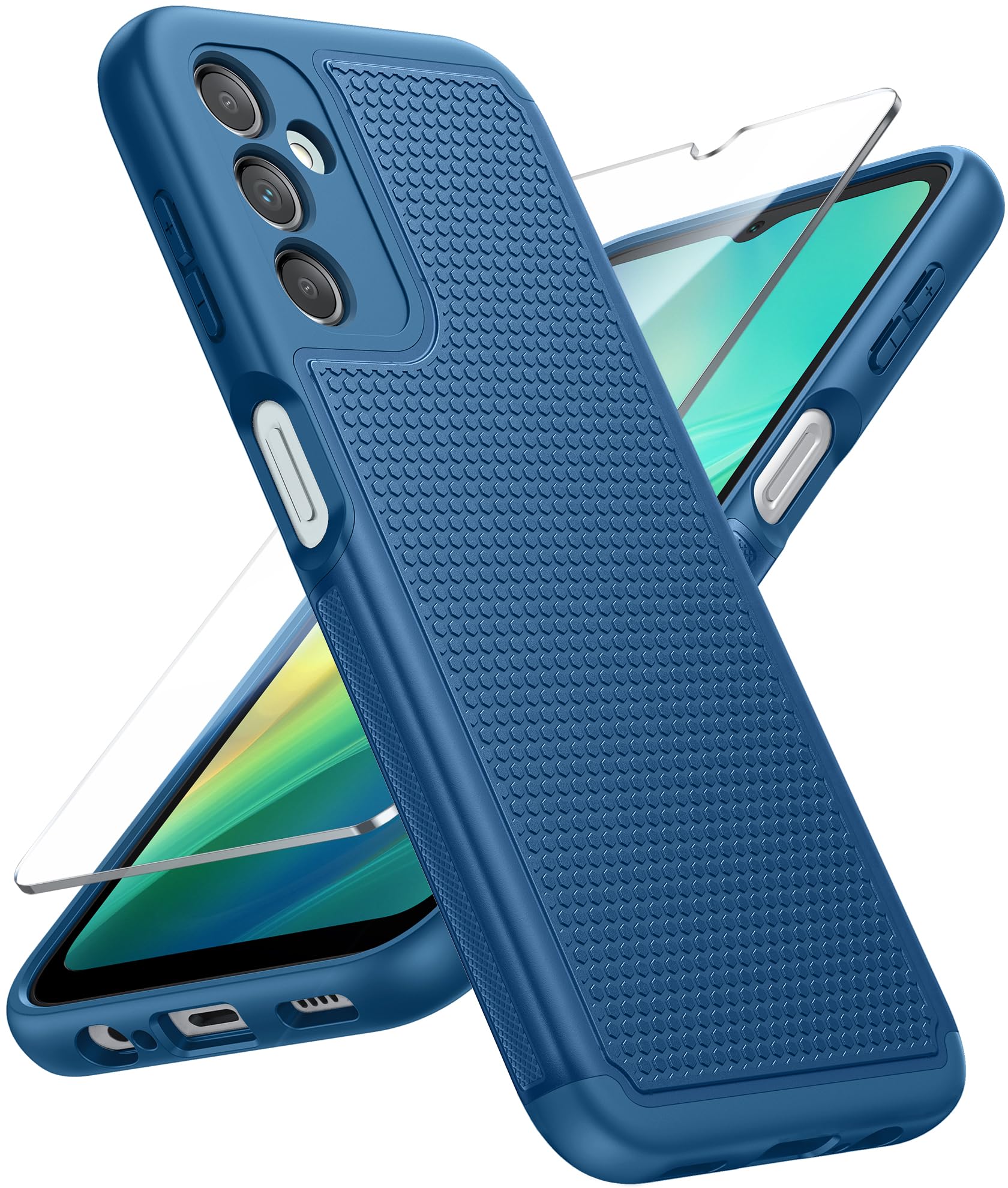 FNTCASE for Galaxy A14-5G Phone Case: Samsung Dual Layer Non Slip Cover | With Screen Protector, Military Grade Shockproof Drop Protection, Matte Textured Protective Cases for Daily Use, Blue