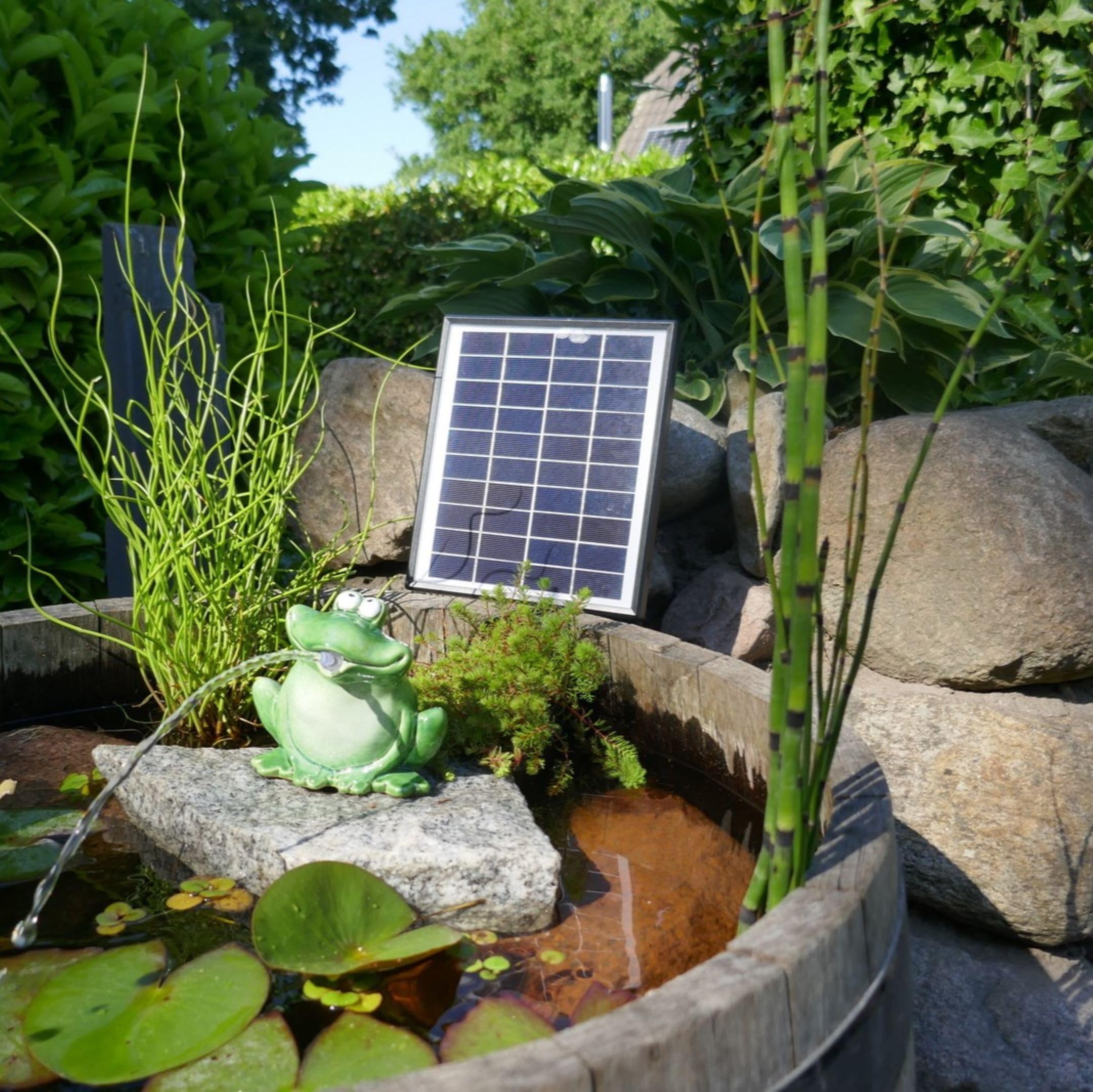 Wasserspeier Frosch mit Akku Solarpumpe 12cm aus Keramik Laufzeit ohne Sonne 4-5 Stunden
