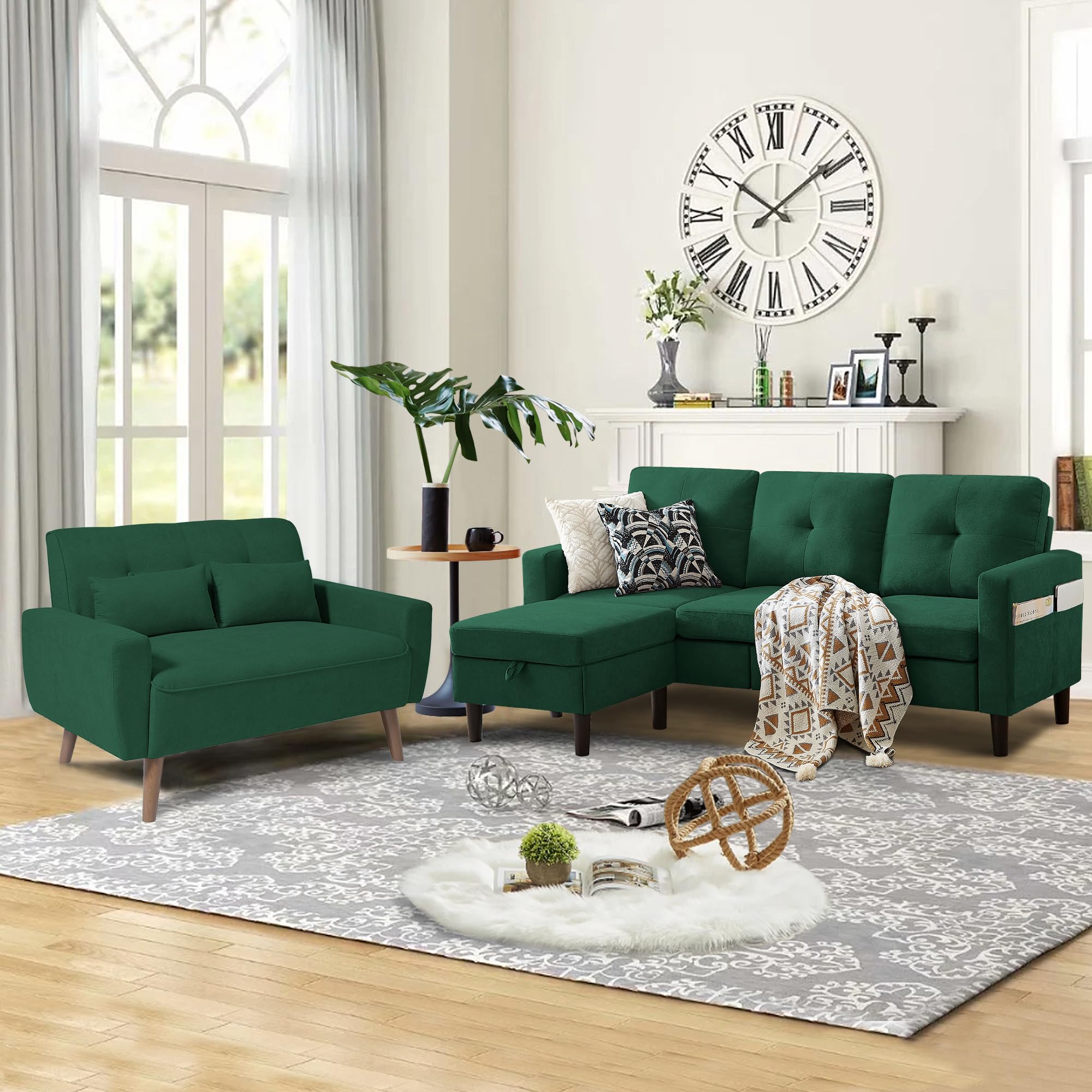 Soscana 2 Pcs Convertible Sectional Sofa Set, 3-Seater L Shaped Couch with Reversible Chaise and Comfy Loveseat Sofa Polyester Fibre for Living Room,