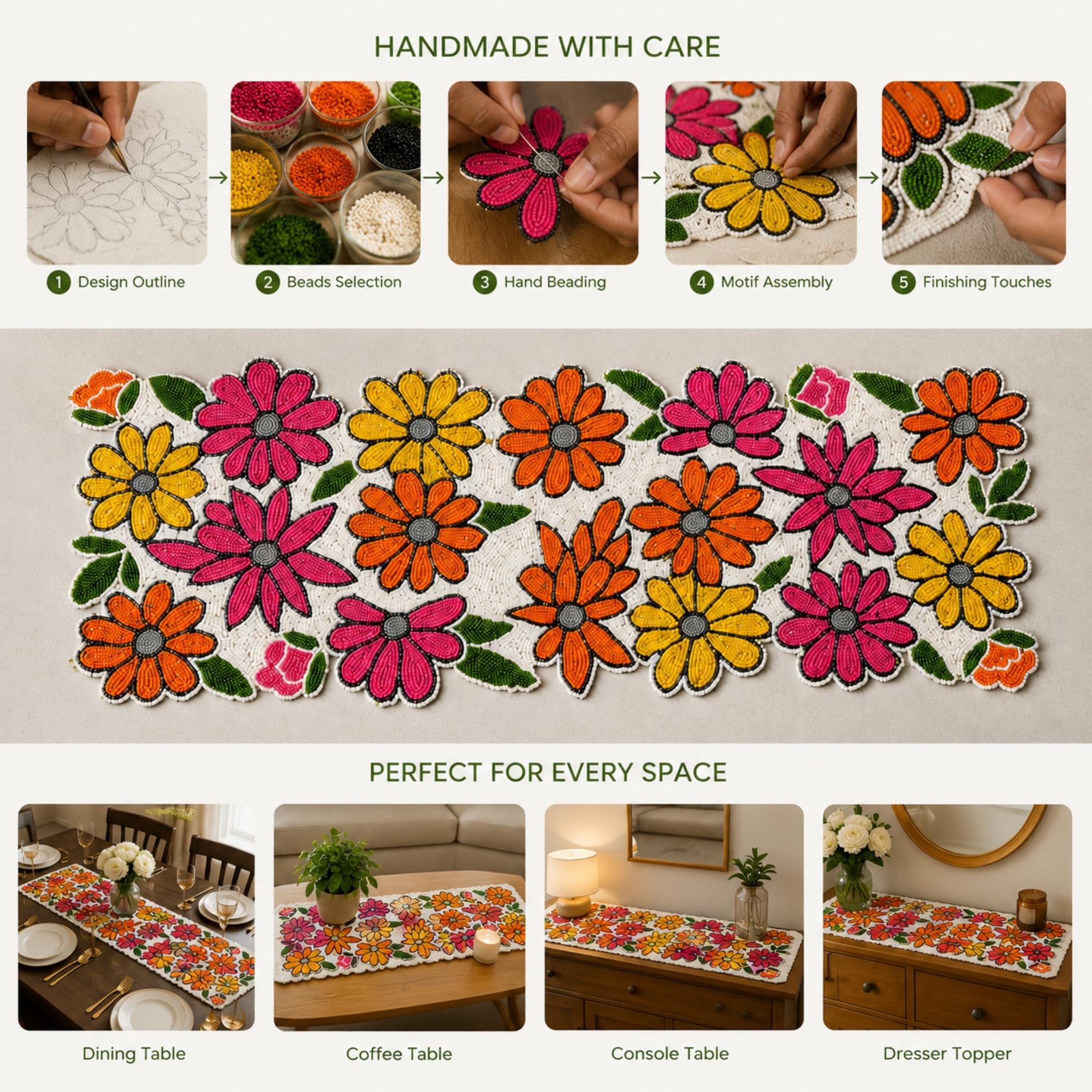 Buy Handmade Floral Beaded Table Runner 13x36 Inch | Colorful