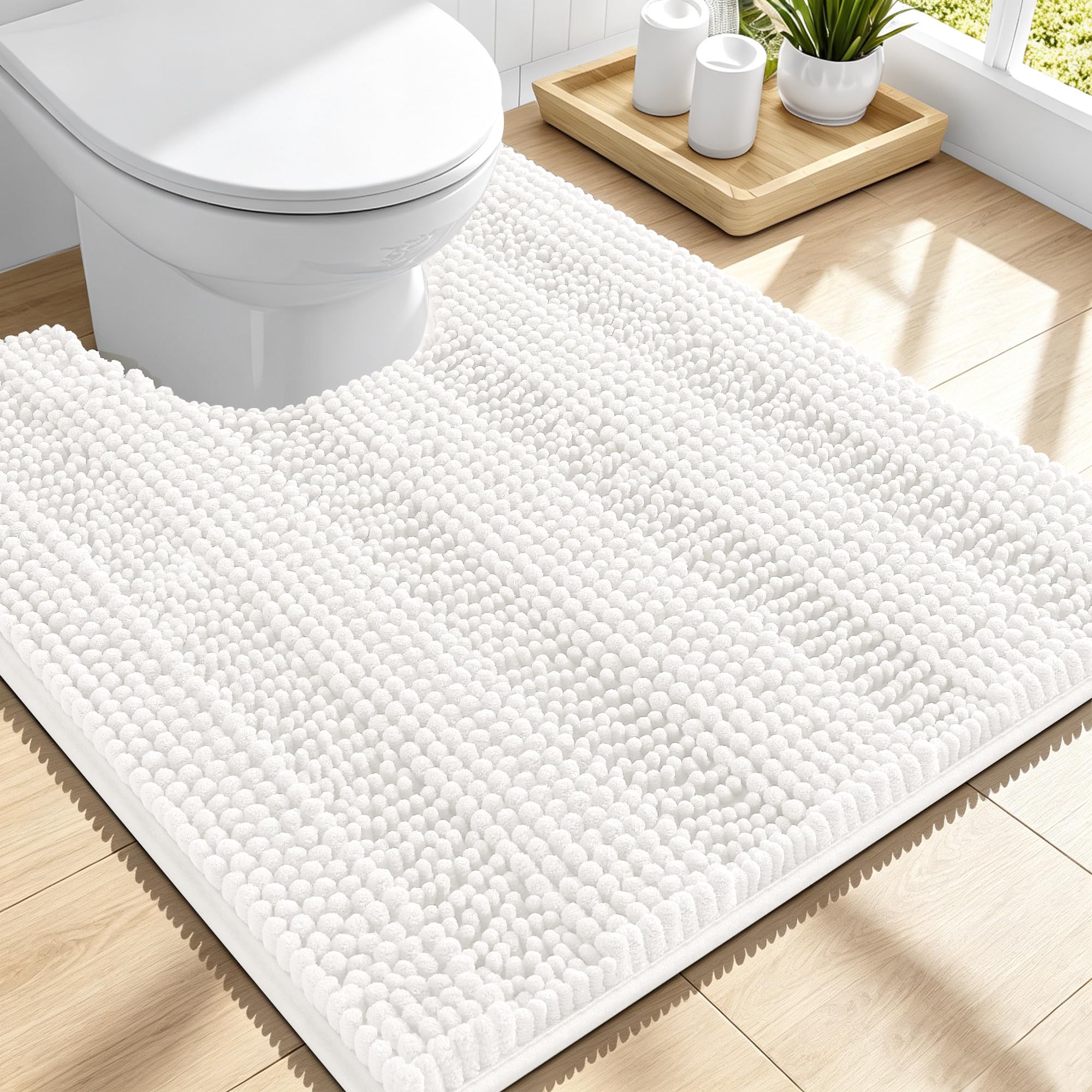 Smiry Thick Chenille Toilet Rugs U-Shaped 24x20, Absorbent Bath Mat, Ivory