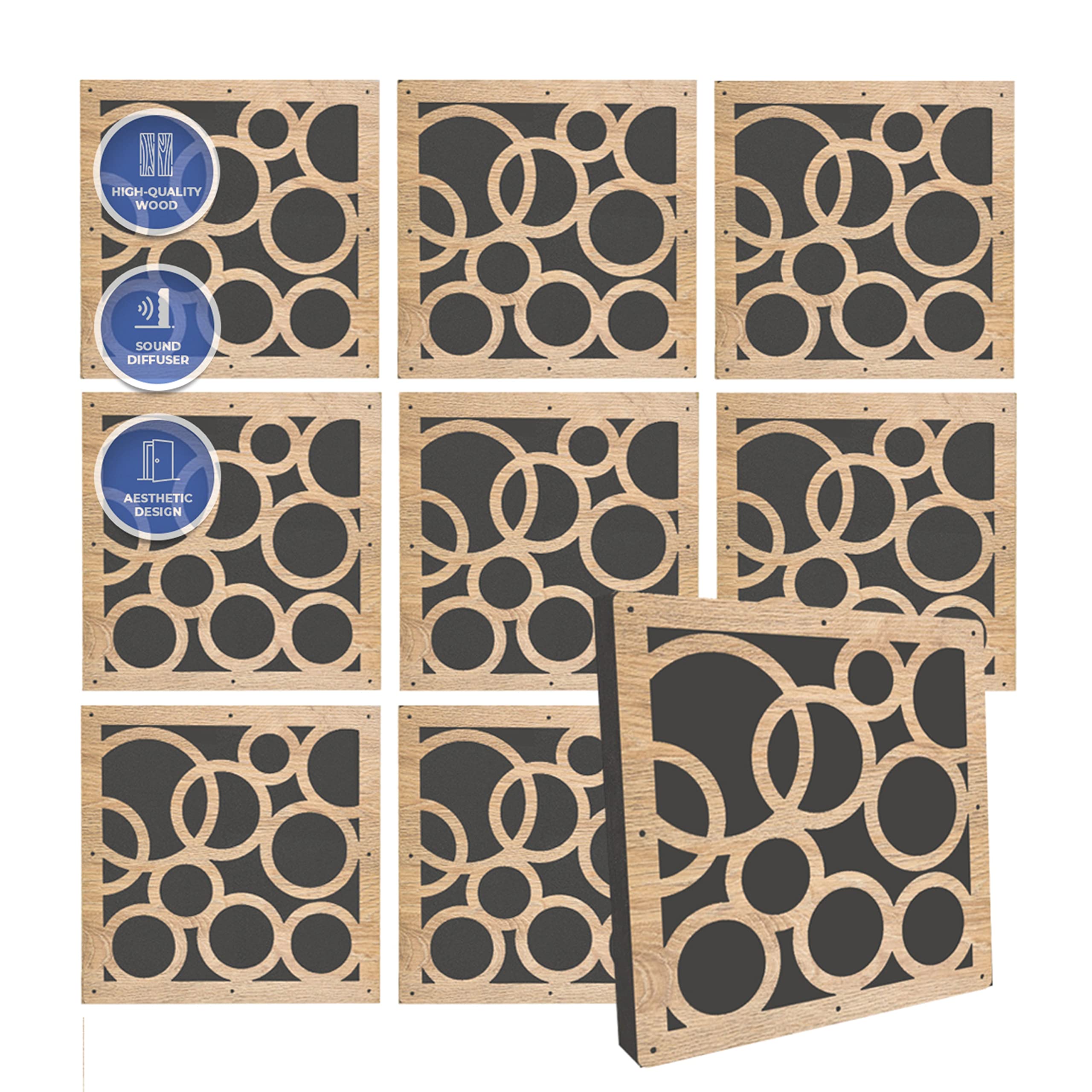 Arrowzoom 8 Diffuse PRO Acoustic Wooden Panel Absorb Sound Reduction Recording High-Density Fire Retardant Euroclass E NRC 0.64 up to 5000Hz Scattering Range Orbit Design 29x29x1cm 1307
