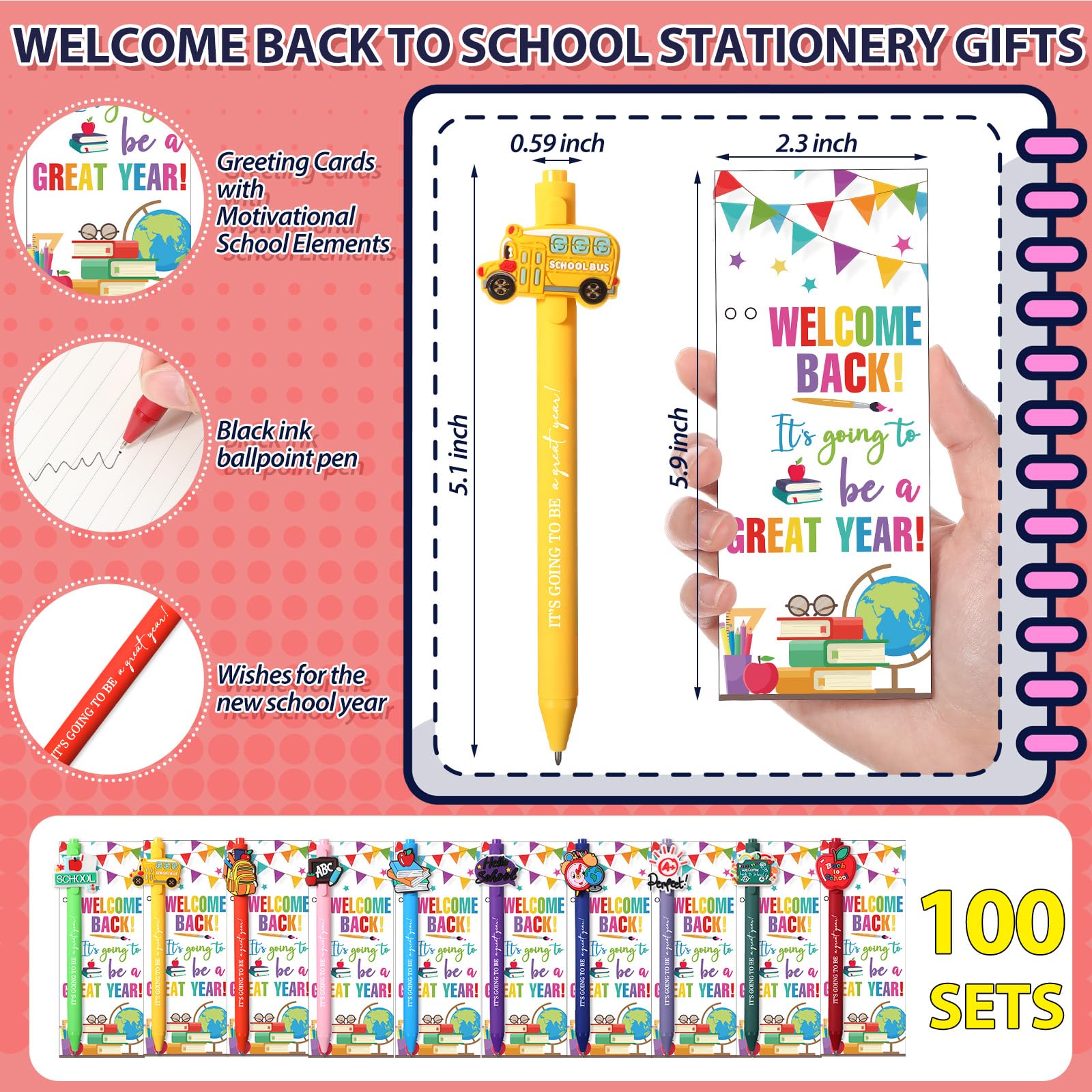 MotiMind 100 Sets Schulanfangsgeschenke, Großpackung zum Schulanfang, Schreibwaren, Geschenke enthalten niedliche Kugelschreiber, inspirierende Grußkarten für Lehrer, Studenten, Klassenzimmer