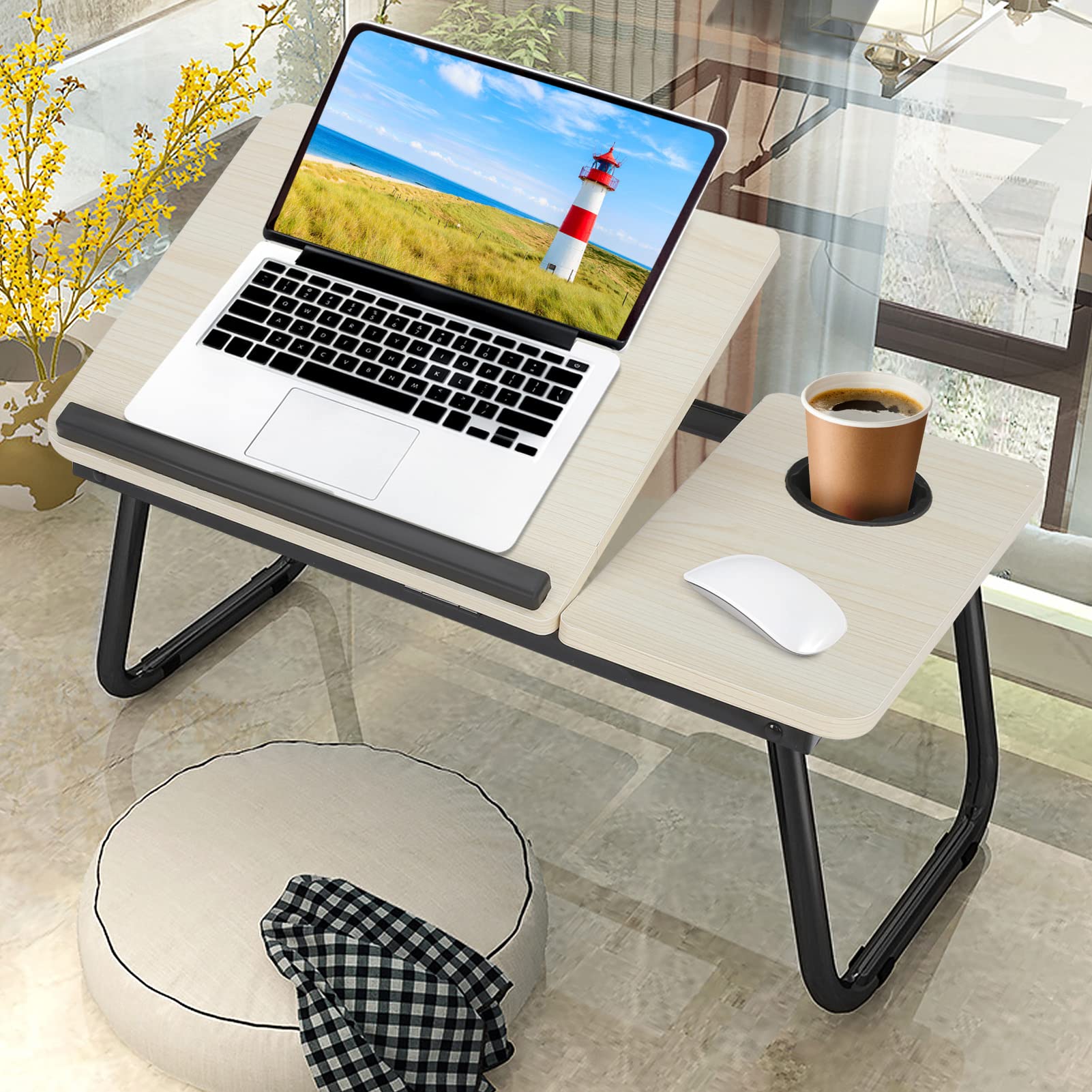 Tavolo pieghevole per computer portatile, 55 x 32 x 25 cm, per tablet e computer portatile, con porta bevande, per lettura o colazione (bianco)