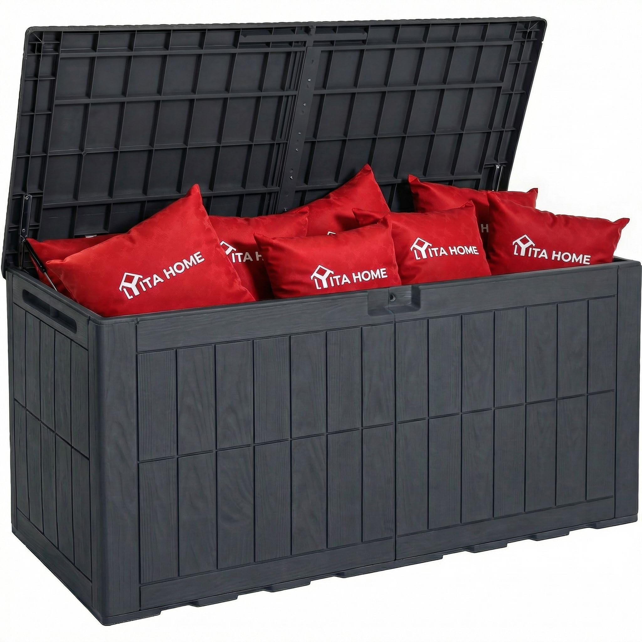 YITAHOME 450L Large Outdoor Garden Storage Box, Waterproof Resin Deck Box with Lock & Hydraulic Piston, 2-Person Bench Seat for Patio Cushions & Garden Tools, UV-Resistant & Weatherproof, Dark Gray
