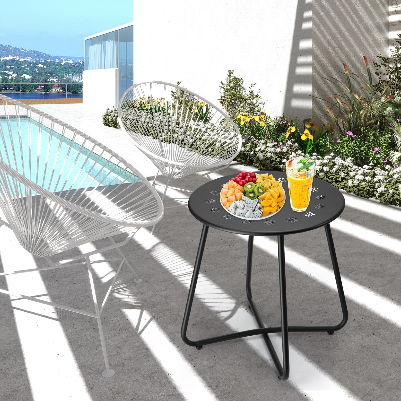 danpinera beistelltisch Outdoor, balkontisch klein, Gartentisch mit Blumenausschnitten, Kleiner beistelltisch Outdoor für Terrasse, Hof, Balkon, Garten, wetterfestes Material, Schwarz