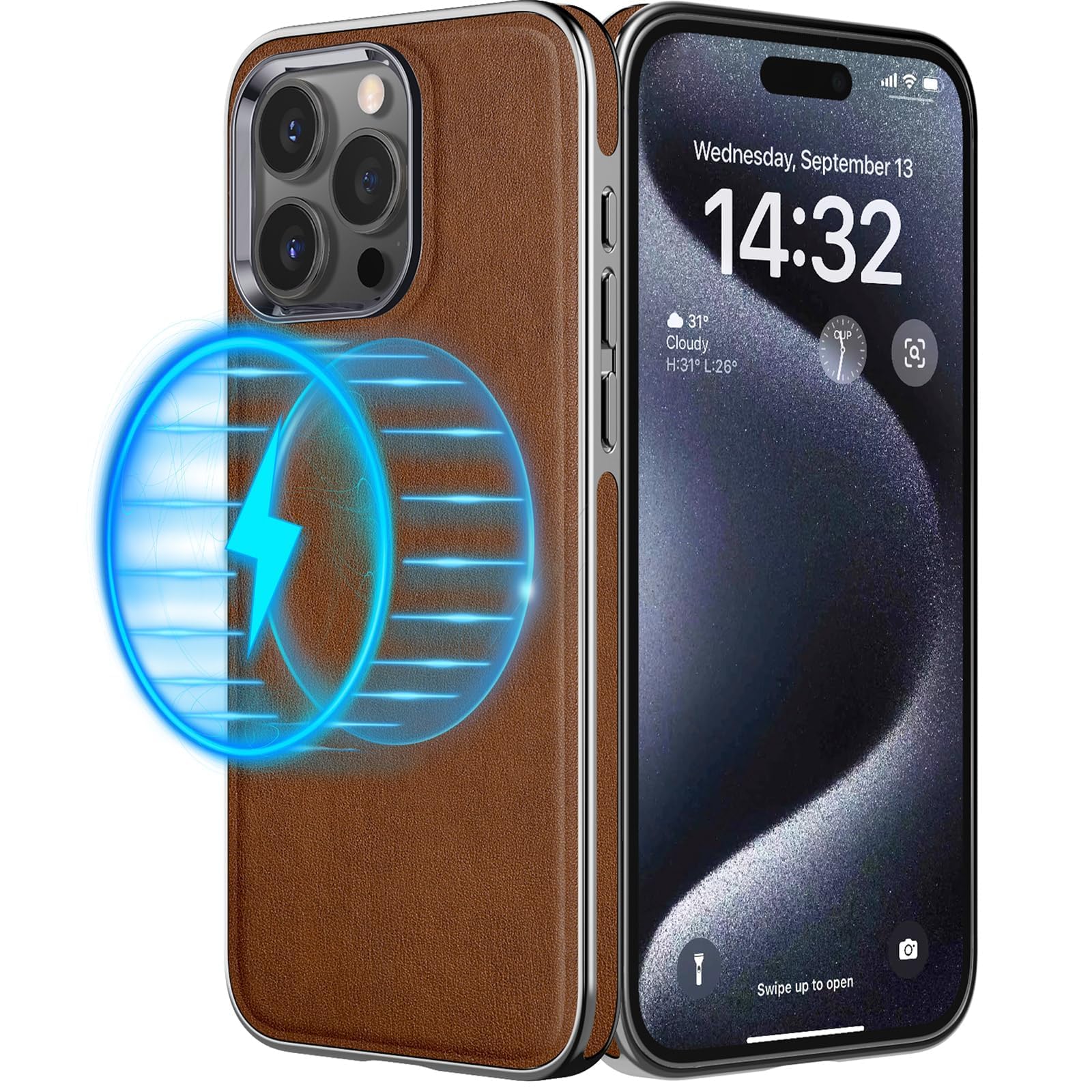 For iPhone 16 Pro Max Case, Compatible with Ma-g-s-afe Premium Leather with Microfiber Lining Business Classic Cover Soft Grip Shockproof Magnetic Cases (Brown, iPhone 16 Pro Max)