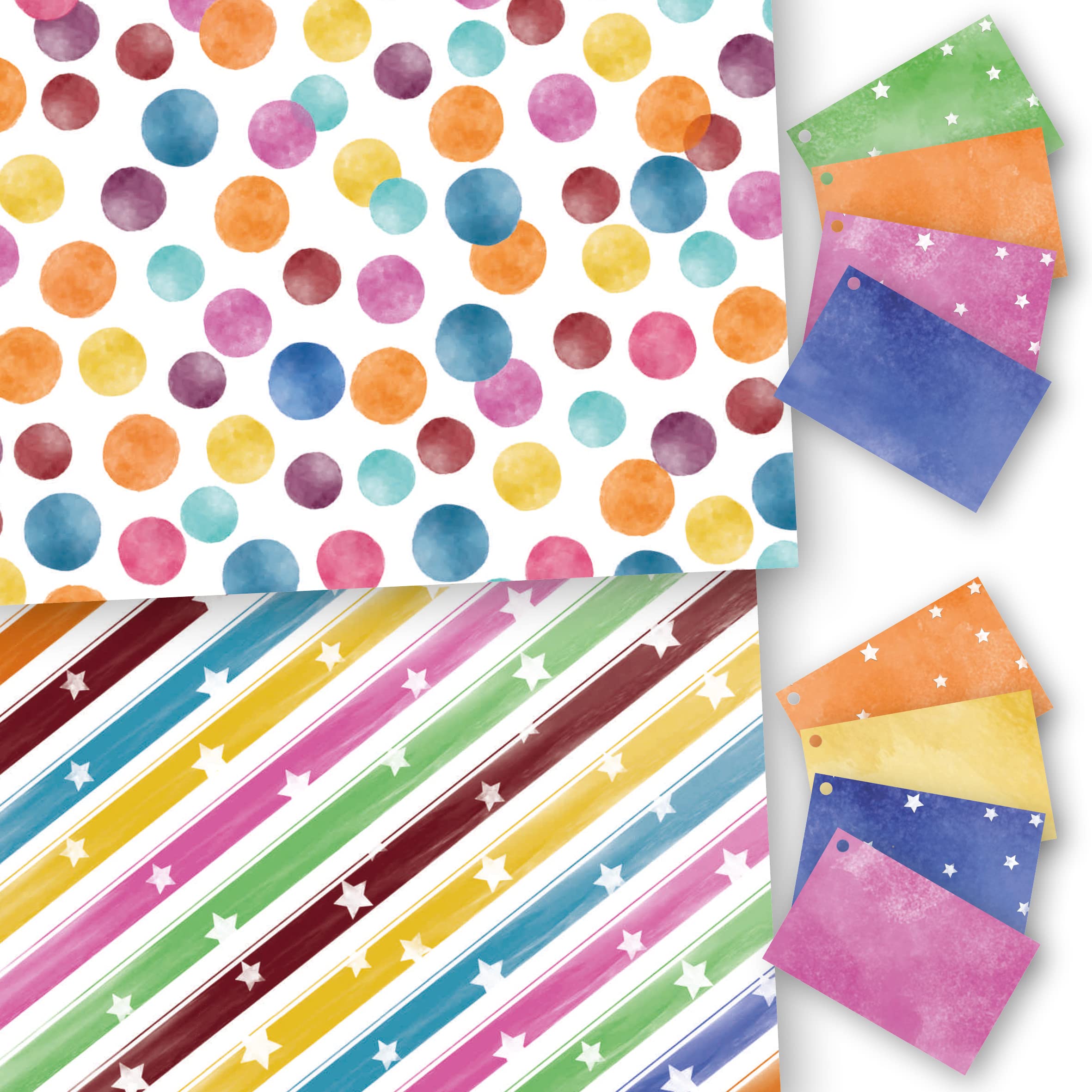 Colourful Gift Wrap. Stars & Stripes/Dots Twin Design Pack. 8 XL Sheets (50 x 70cm)