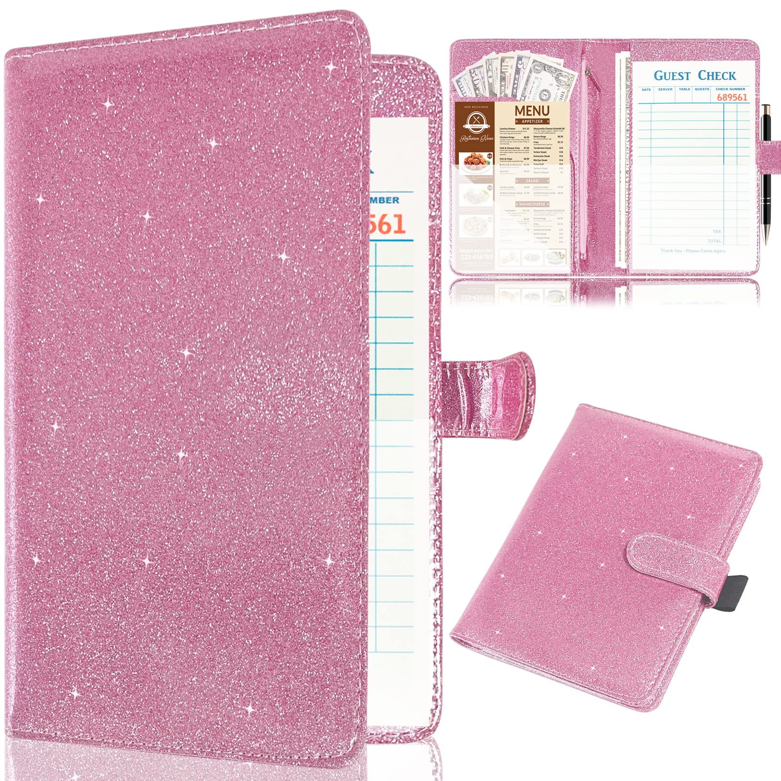 Server Book for Waitress,Leather Waiter Book Organizer with Zipper Pocket, Bling Waitress Money Wallet and Pen Holder, Restaurant Waitstaff Organizer, Glitter Pink