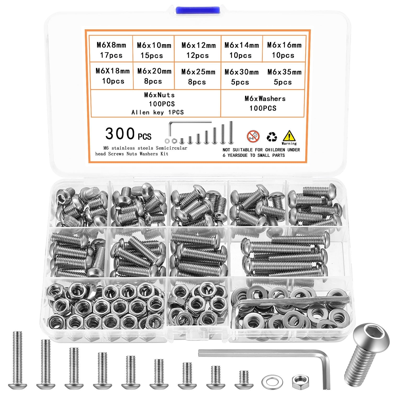 300 Pcs M6 Nuts and Bolts Assortment Kit, Pan Head Machine Screws, Hex Button Head Socket Cap Screws, Bolts and Washers, Stainless Steel Metric Screw