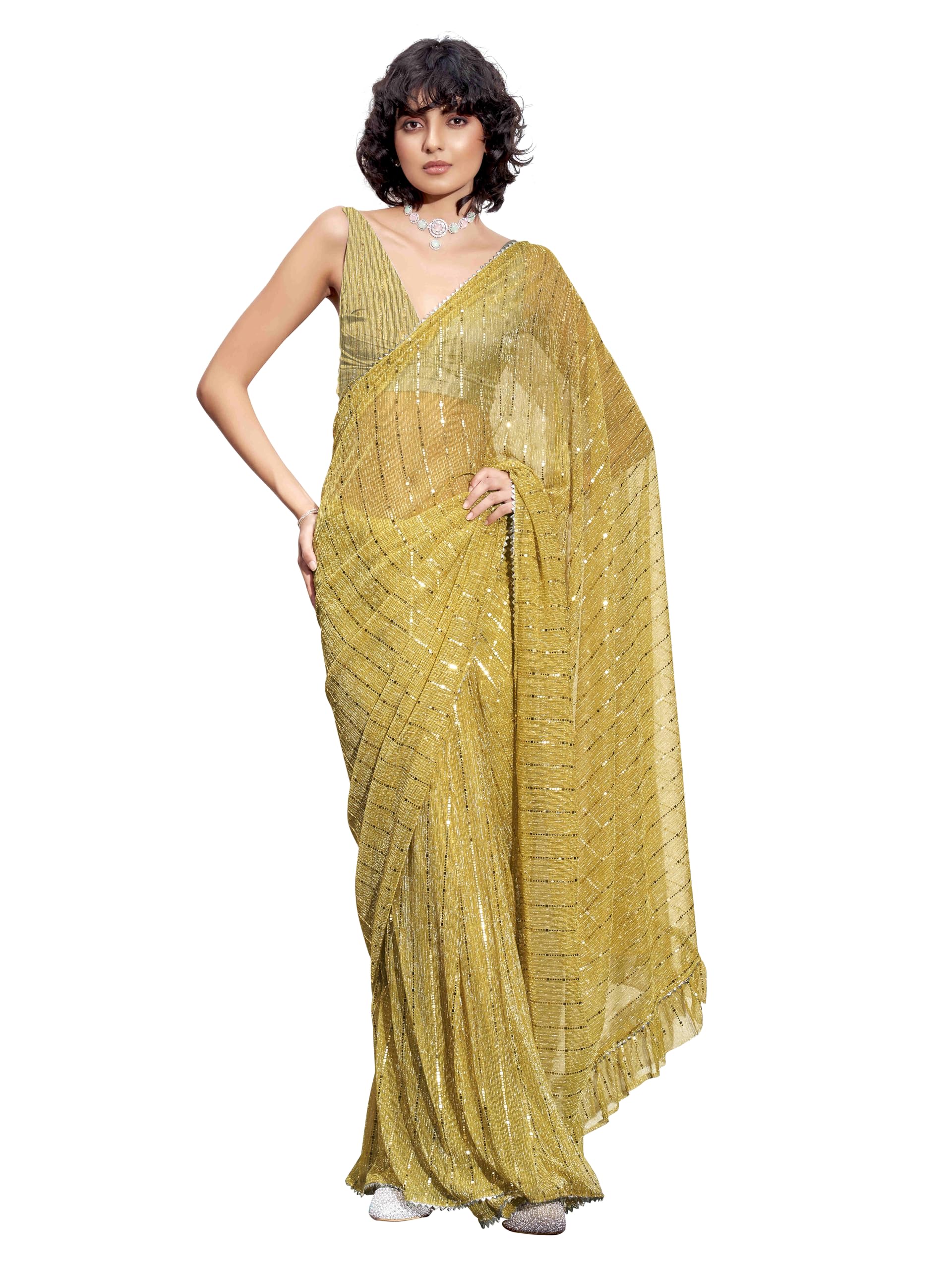 Womanista Women's Women Ready To Wear Saree Ll Women Lycra Saree Ll Women Pre Draped Saree Ll Women One Minute Saree Ll Un-Stitched Blouse Saree, Mustard