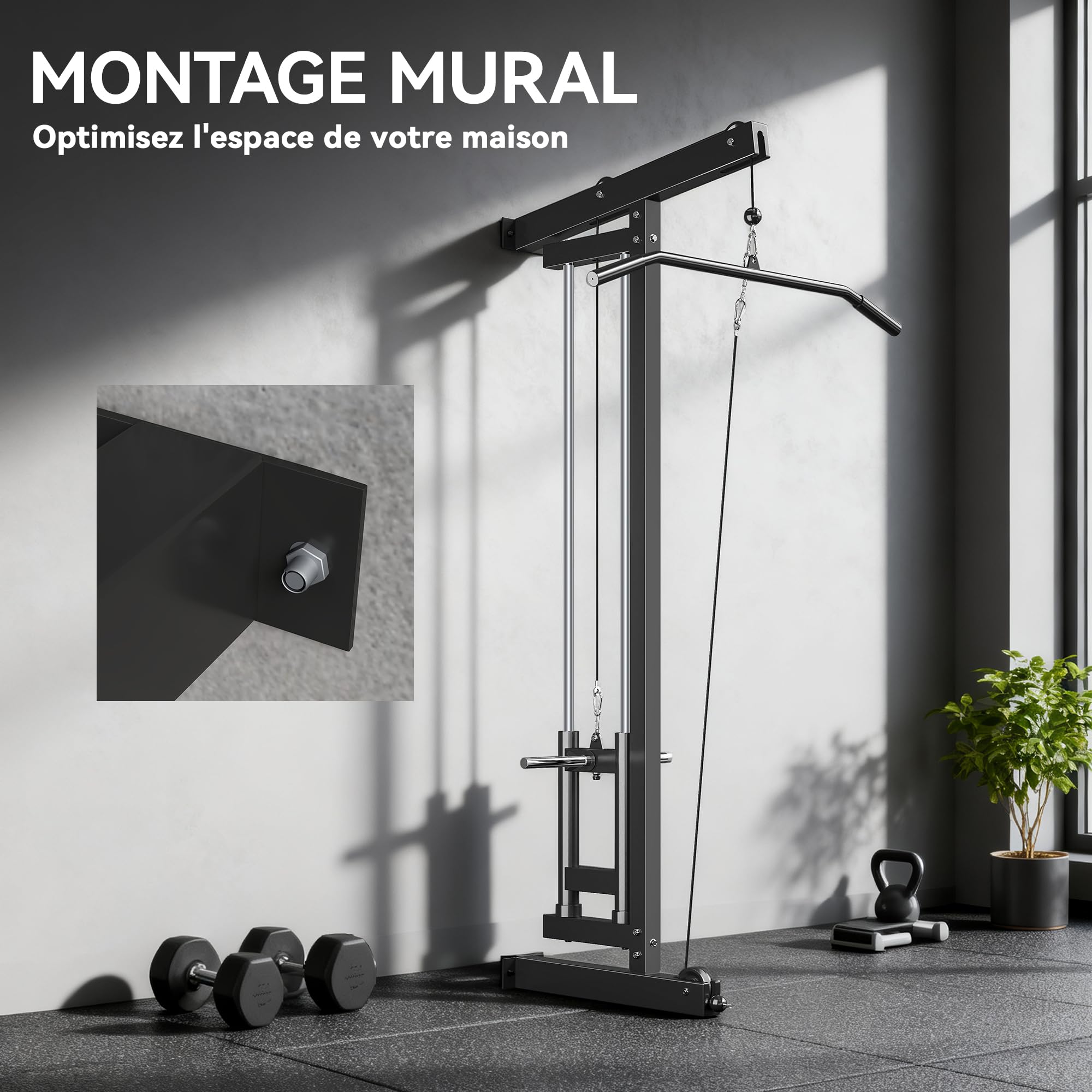 SPORTNOW Appareil de musculation mural, station de traction, station de musculation multifonction, poulie haute et basse, 2 poulies, barre de traction entraînement domicile, fitness, gym, maison, noir