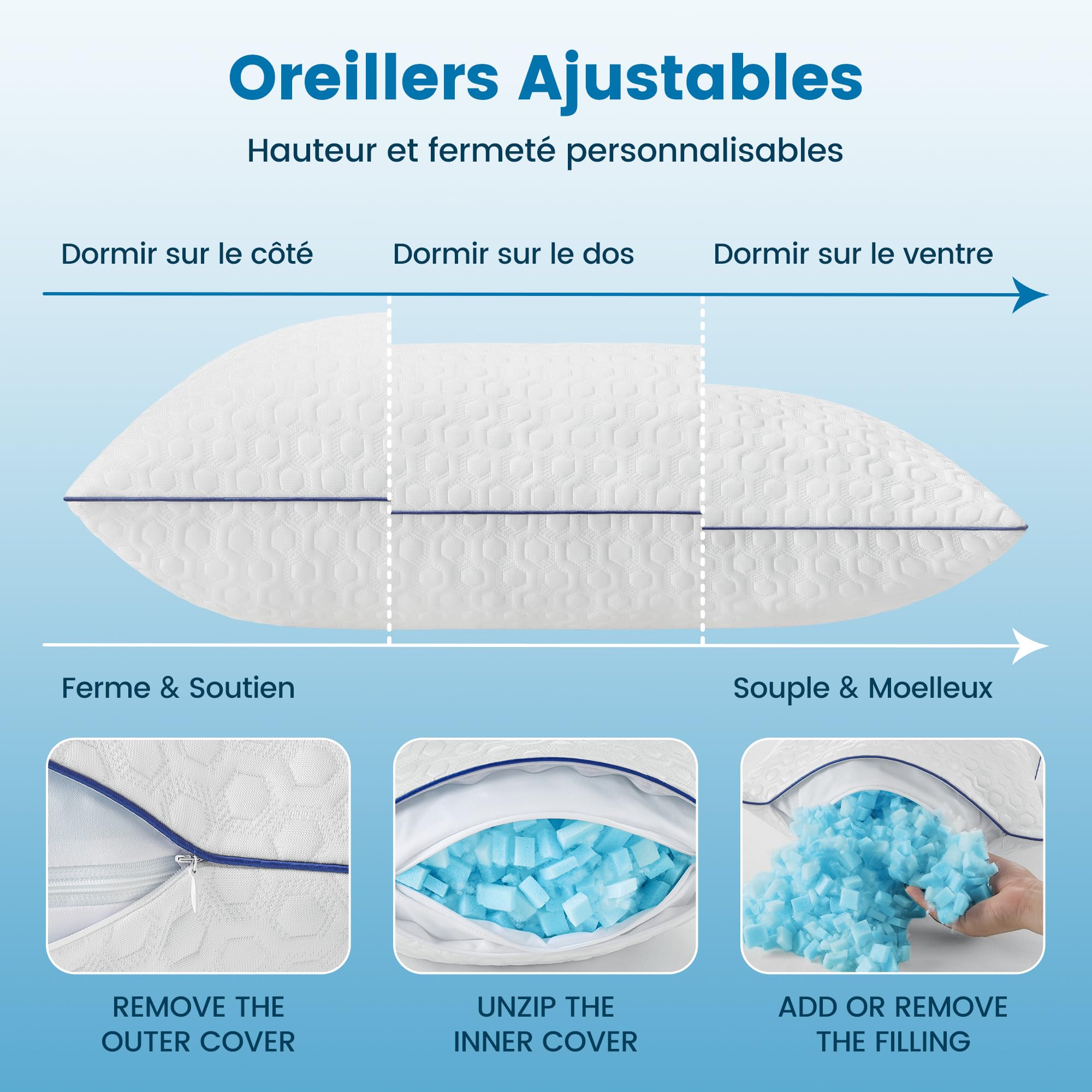 BedStory - Juego de 2 almohadas de memoria (40 x 60 cm) | Funda lavable de seda helada – Altura personalizable – Hipoalergénica – Firme y adaptable – Ergonómica Cervical