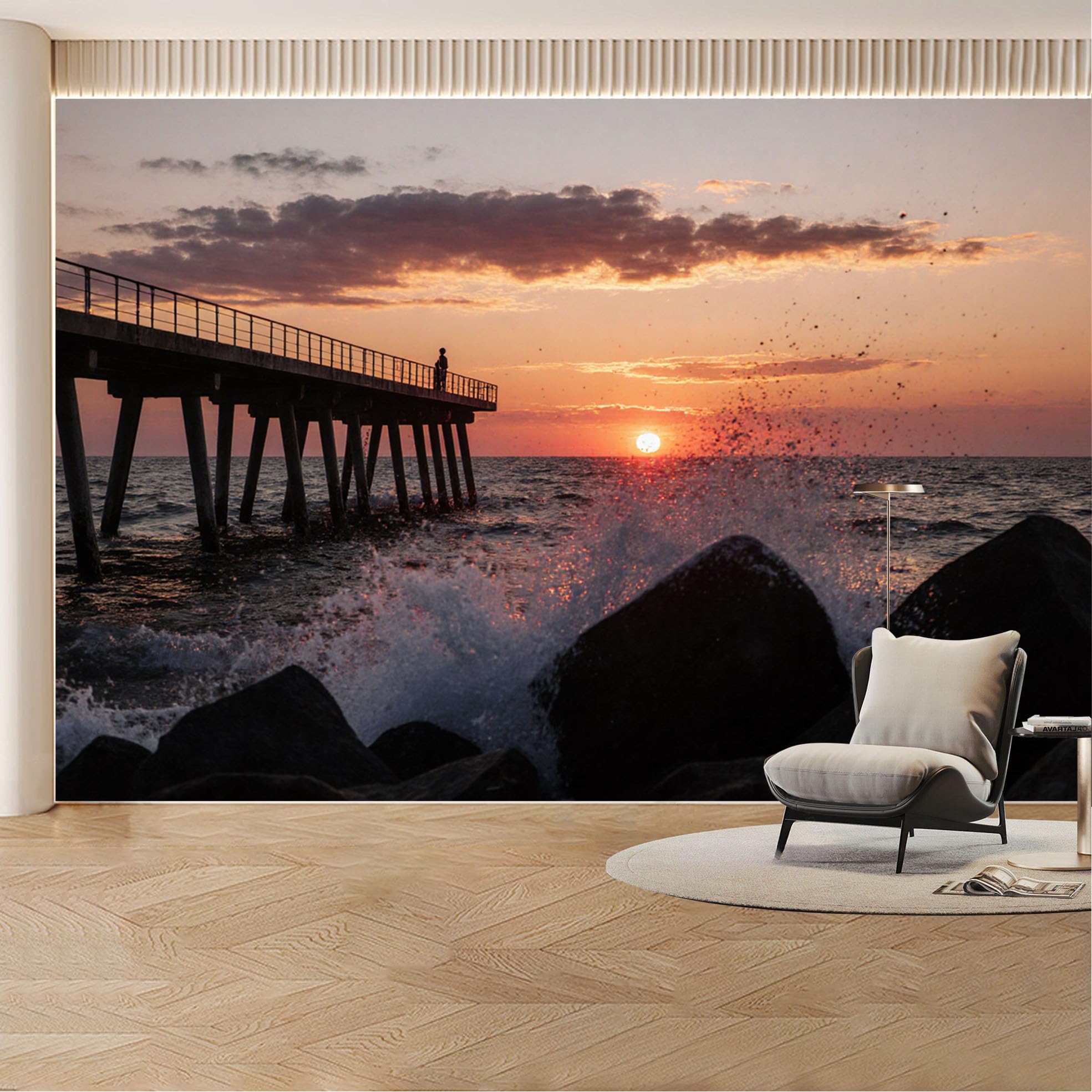 Custom Wall Mural Wallpaper Ocean Pier Sunset， Nature Landscape Wall Decor Large Wall Art， Tropical Luxury Removable SelfAdhesive Large Photo for Living Room， Bedroom， Office
