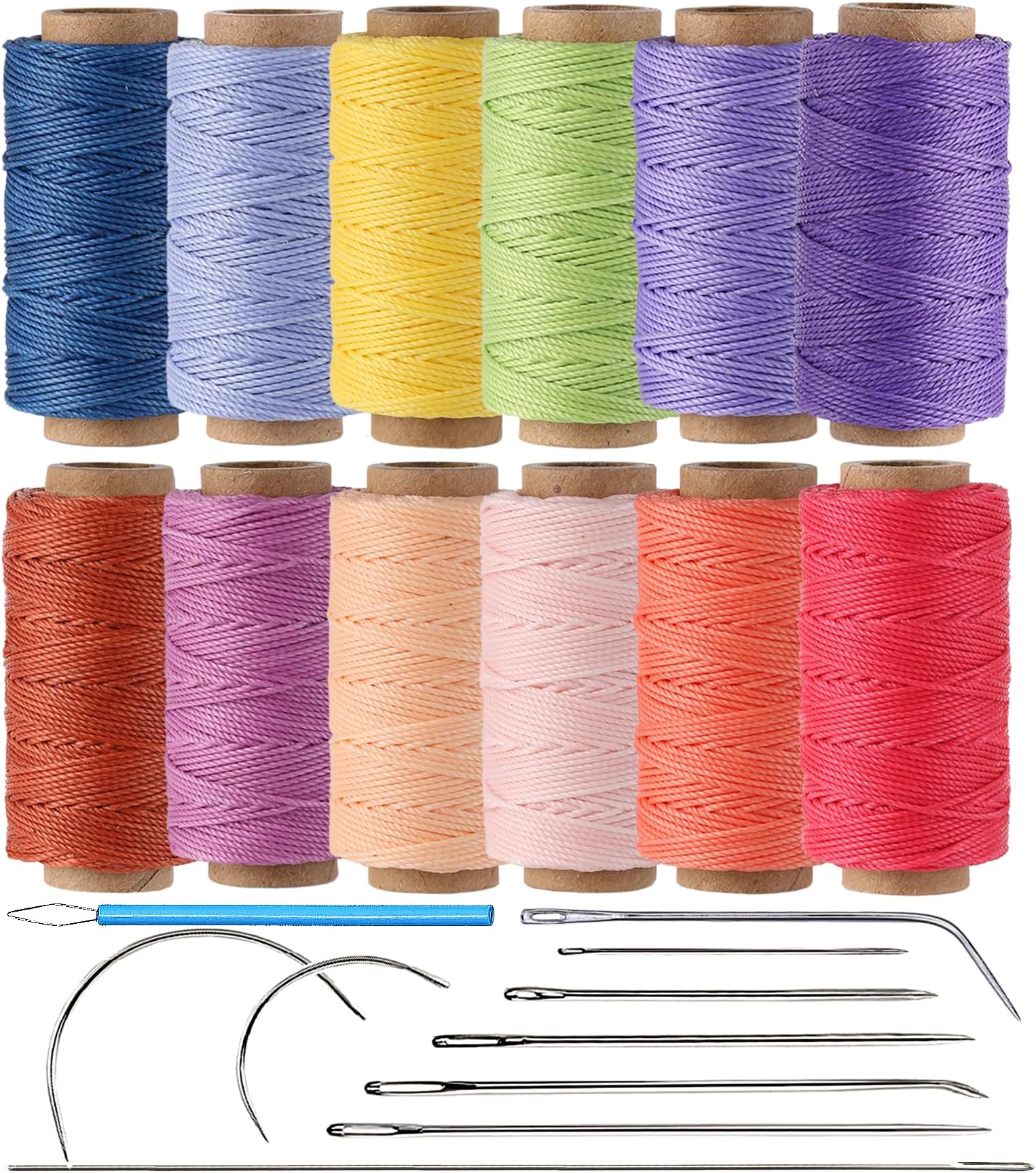 KIVISIN 12 Trendy Color Waxed Thread, 3 Ply 0.8mm, Heavy Duty Wax Coated Polyester Cord String 32 Yards per Spools for Leather Sewing, Stitching, Bookbinding, Micro Knotting, Macrame Jewelry Making
