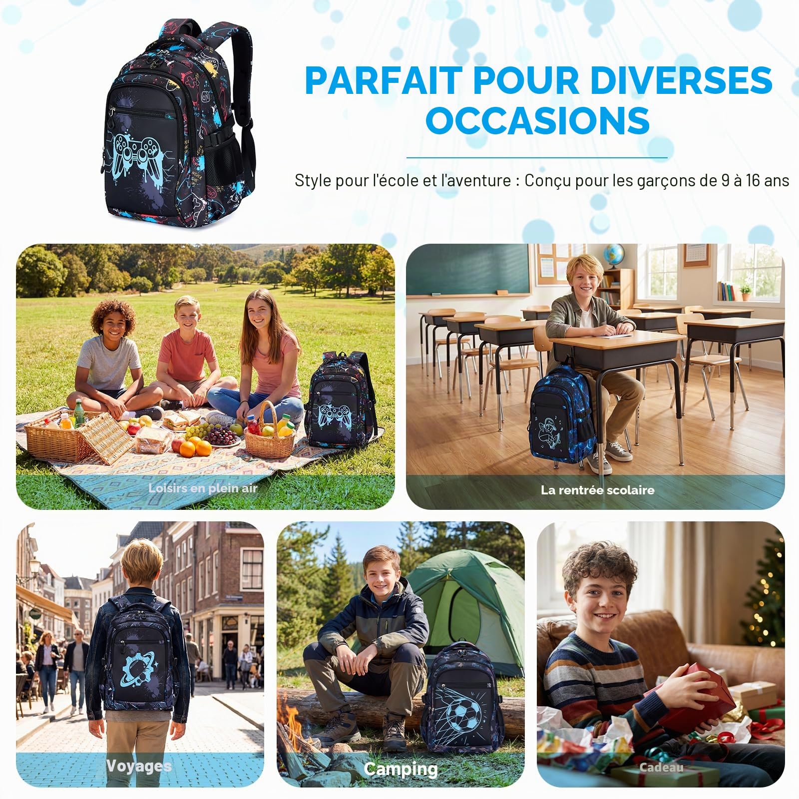 Amythe Cartable Garçon Primaire - Sac à Dos Garçon Collège Lumineux Nocturne avec Compartiment 15.6“ Pc, Ergonomique, Grand Sac D'école Loisirs Imperméable pour Ados 9-16 ans