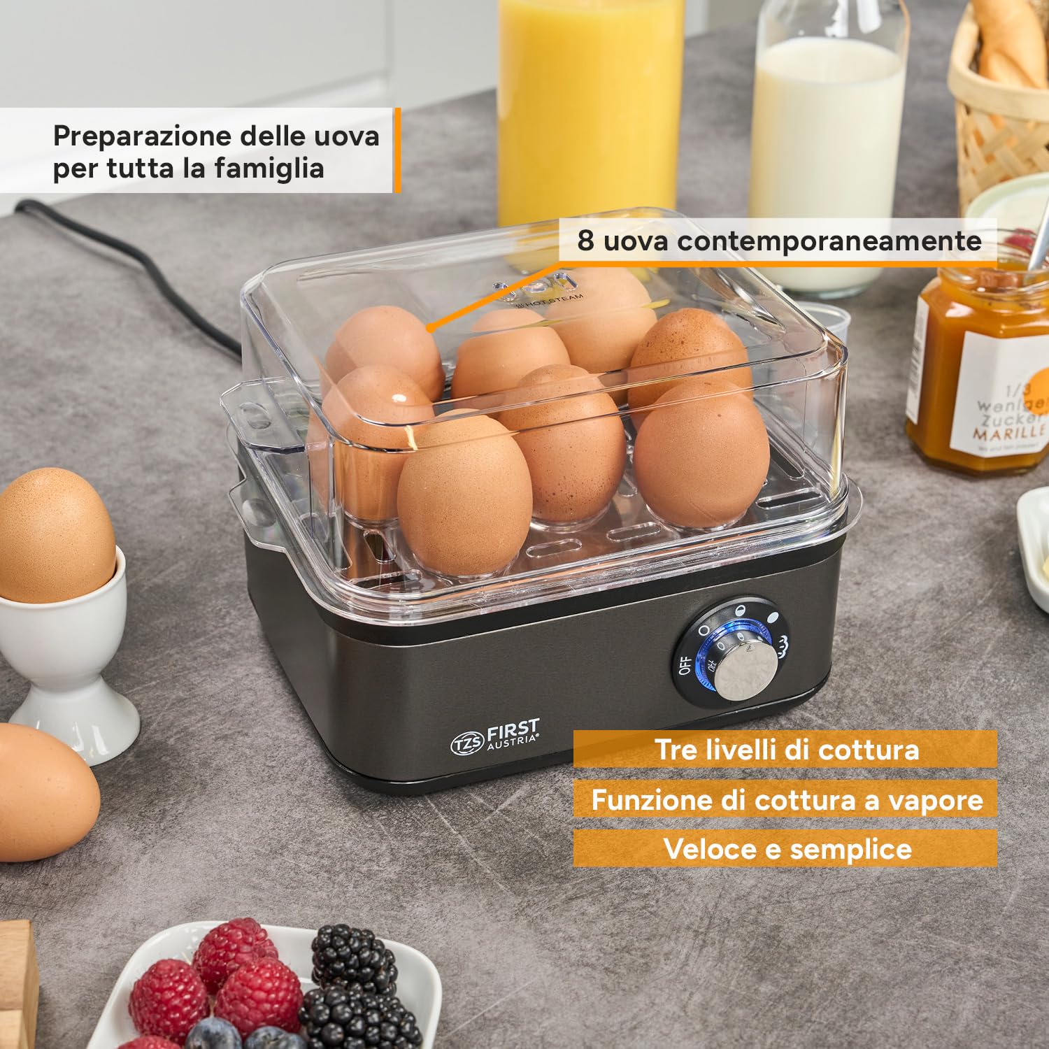 TZS First Austria Cuociuova Elettrico Grigio - 8 Uova, 4 Livelli Cottura, Funzione Vapore, Spegnimento Automatico, Segnale Acustico, Misurino e Stampi, Compatto e Leggero