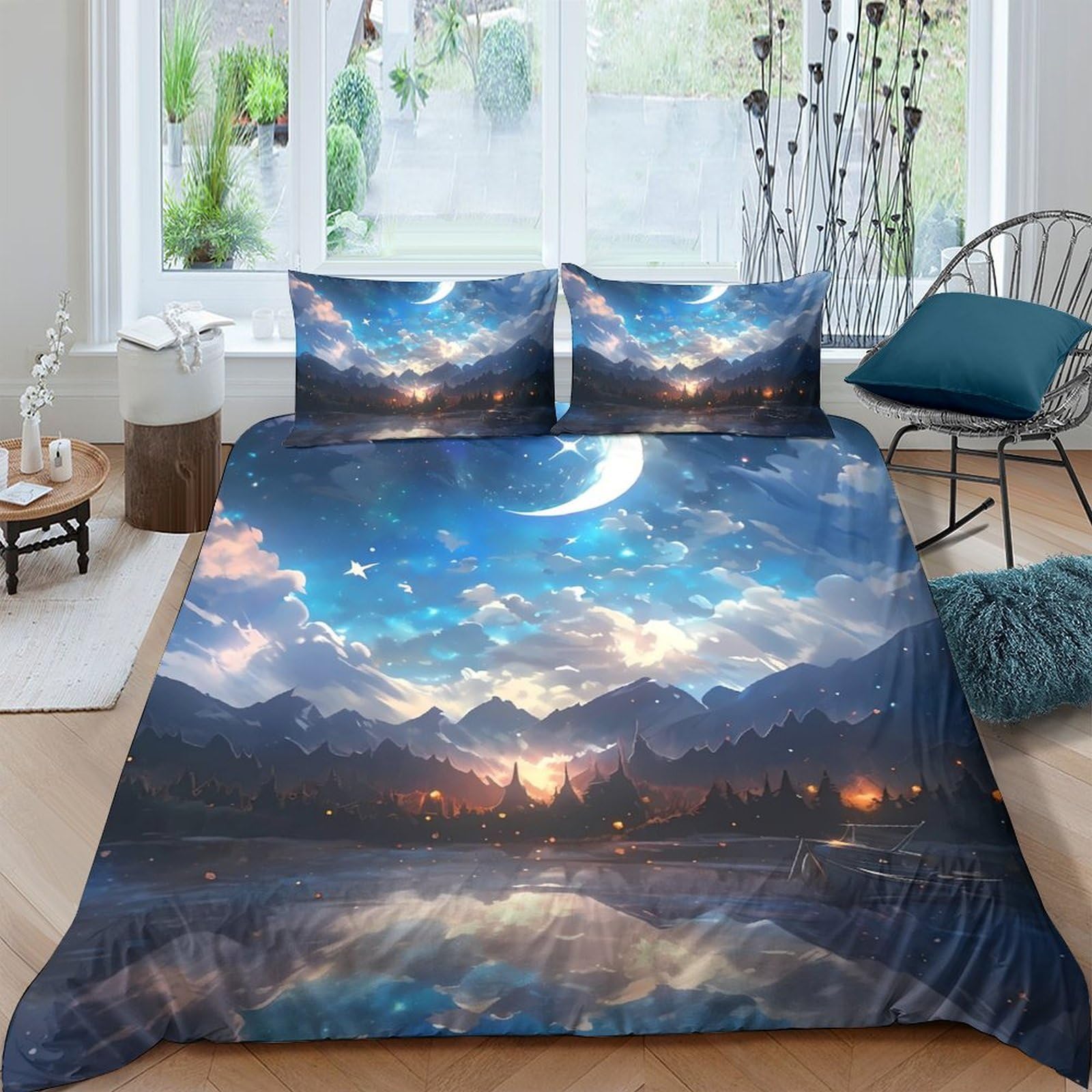 Ctjqhvkz Style-1 3D Printed Moonlit Galaxy Fitted Sheet Microfiber Soft Breathable Starry Mountain Mattress Cover For Bedroom Decor Single（135X200cm）