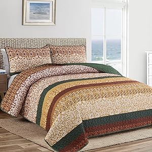 DJY Boho Quilt Set King Size Brown Green Bohemian Striped Bedspread Coverlet Set, Boho Floral Pattern Soft Microfiber Quilted Bedding Set for All Season, 104''x90''