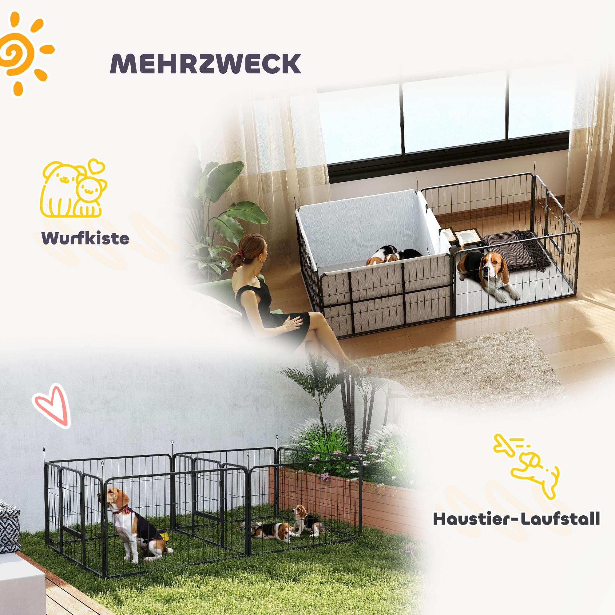 PawHut Caja para Cachorros, Parque para Cachorros con 7 Paneles, 2 Secciones, Alfombrilla Lavable, 2 Puertas, Parque para Perros pequeños y medianos 203 x 102 x 60 cm, Color Negro