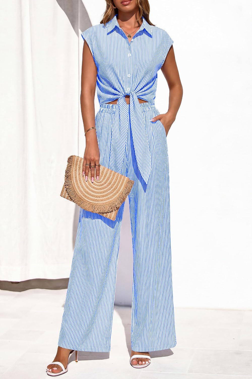 PRETTYGARDEN 2 Piece Sets For Women Summer Striped Button Down Tie Front Crop Tops Wide Leg Pants Floral Lounge Set 2026