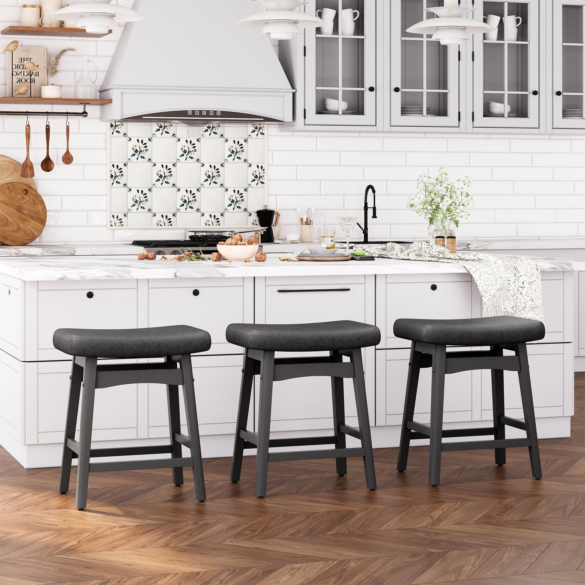 ALPHA HOME Bar Stools Set of 3, Solid Wood Saddle Kitchen Stools with Black PU Leather Cushion Counter Height Barstools with Wooden Base for Kitchen
