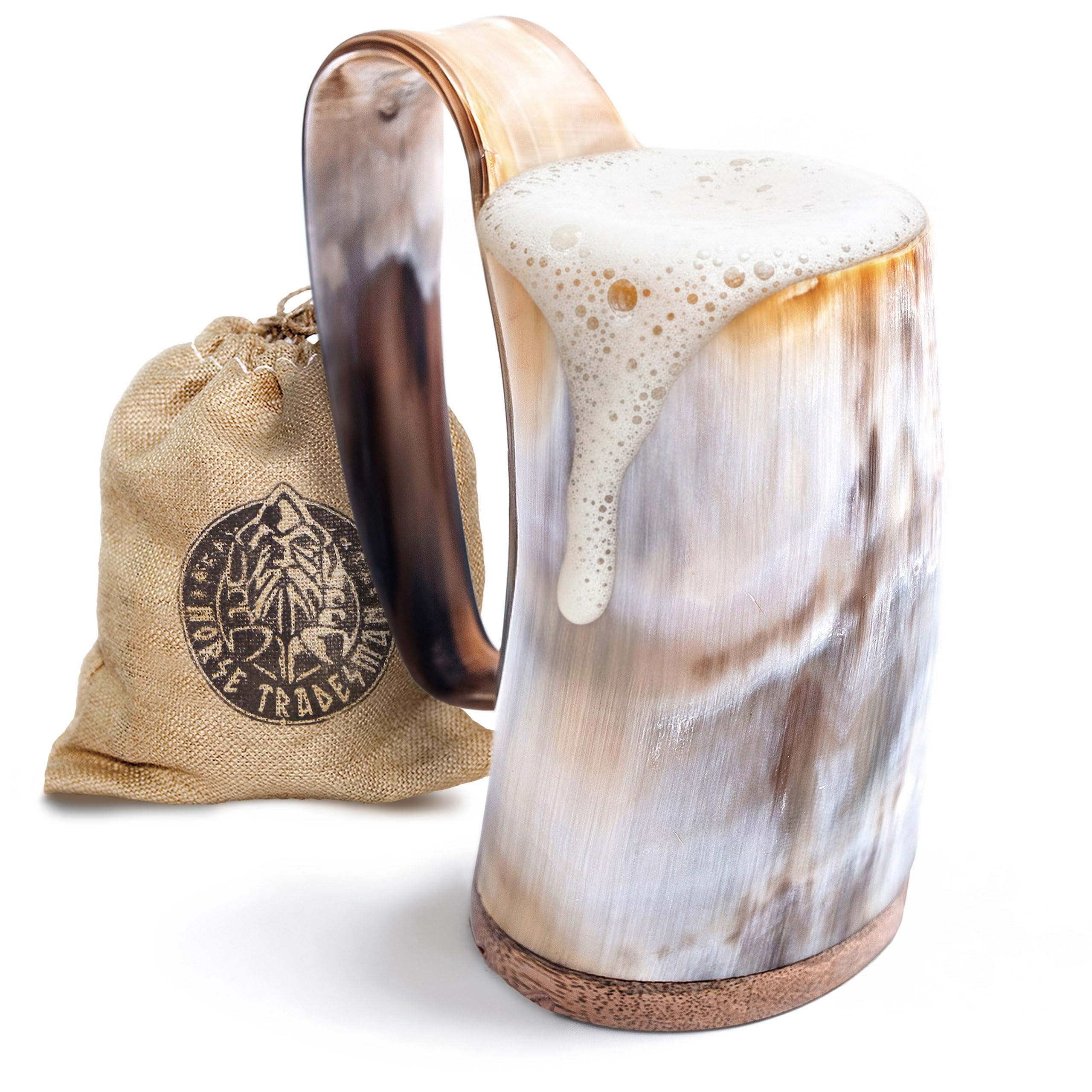 Norse Tradesman Horn Mug - 12 oz Handcrafted Ox-Horn with Hardwood Base - Double Sealed - Wide Mouth Tankard