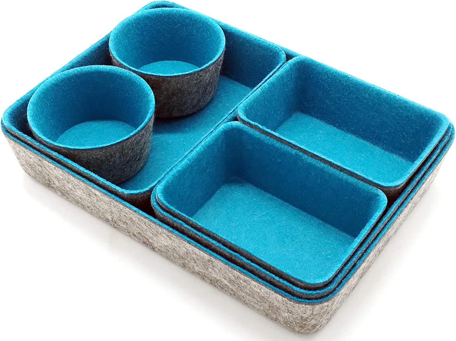 Welaxy Drawer organizers bins felt tray desk storage bins dividers small organizing box for office supplies closet cabinet makeup holder Fall room decor 7-piece (Turquoise)