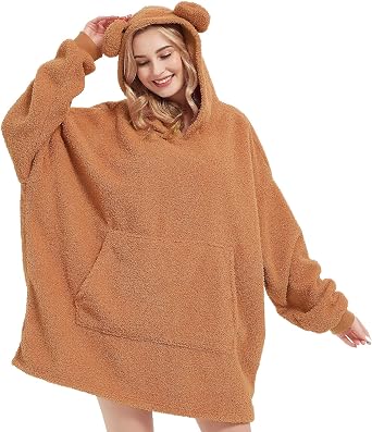 Giolshon Womens Bear Ear Hooded Sherpa Oversized Jacket - Longline Pullover Outerwear with Pocket Detail