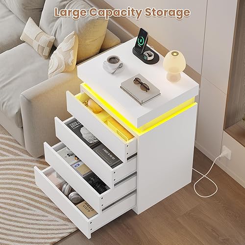 Miniatura 5 de ADORNEVE Mesita de noche blanca con cajones y luces LED, mesita de noche alta con parte superior deslizante, mesita de noche con estación de carga,