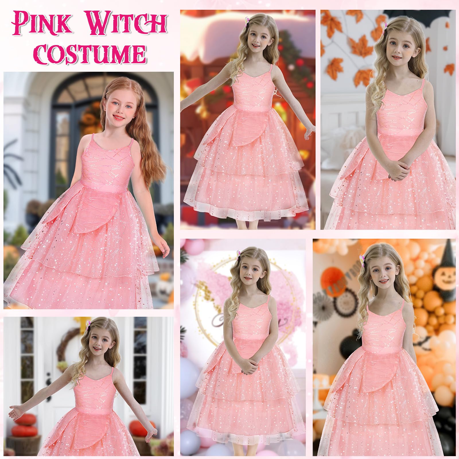 Marendyee Kids Princess Dress up Witch World Book Day Costumes for Girls Pink Princess Dress Star Sequin Prom Dresses Theme Fancy Party Dressing up Children's Witches Cosplay Outfit 7-8 Years - Image 3