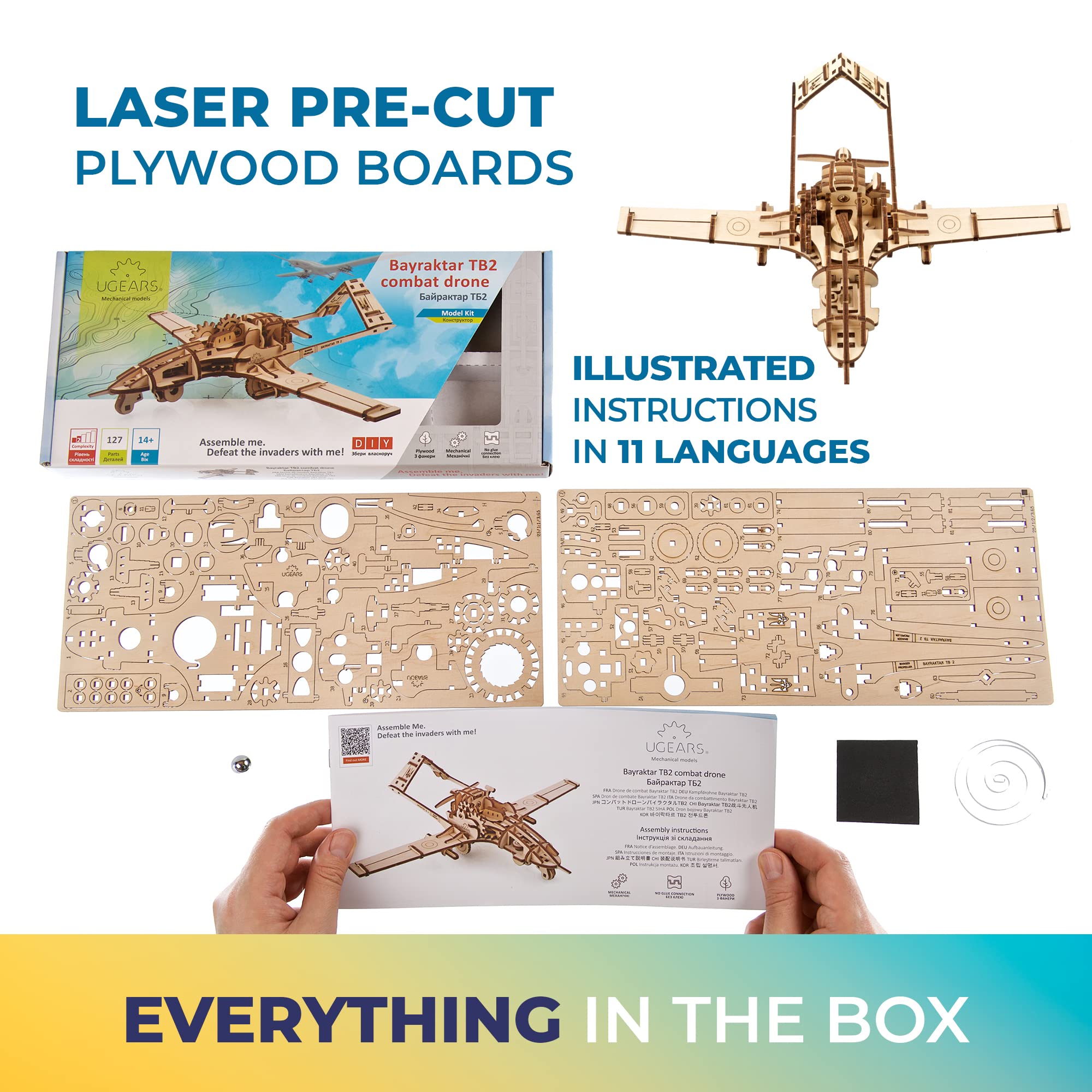 UGEARS Kampfdrohne Bayraktar TB2 Modellbausatz - Holzbausatz Flugzeug Drohne 3D Puzzle mit Ruders, Querruder, Überwachungskamera und lösbarem Flugkörper - DIY 3D Holzpuzzle Erwachsene und Kinder
